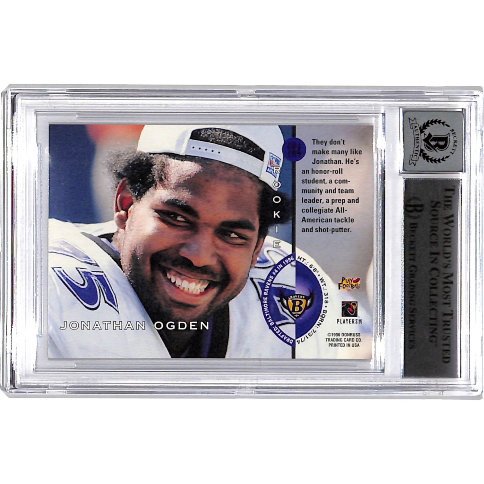 Jonathan Ogden Signed 1996 Leaf #184 Card HOF Grade 10 BAS 44549