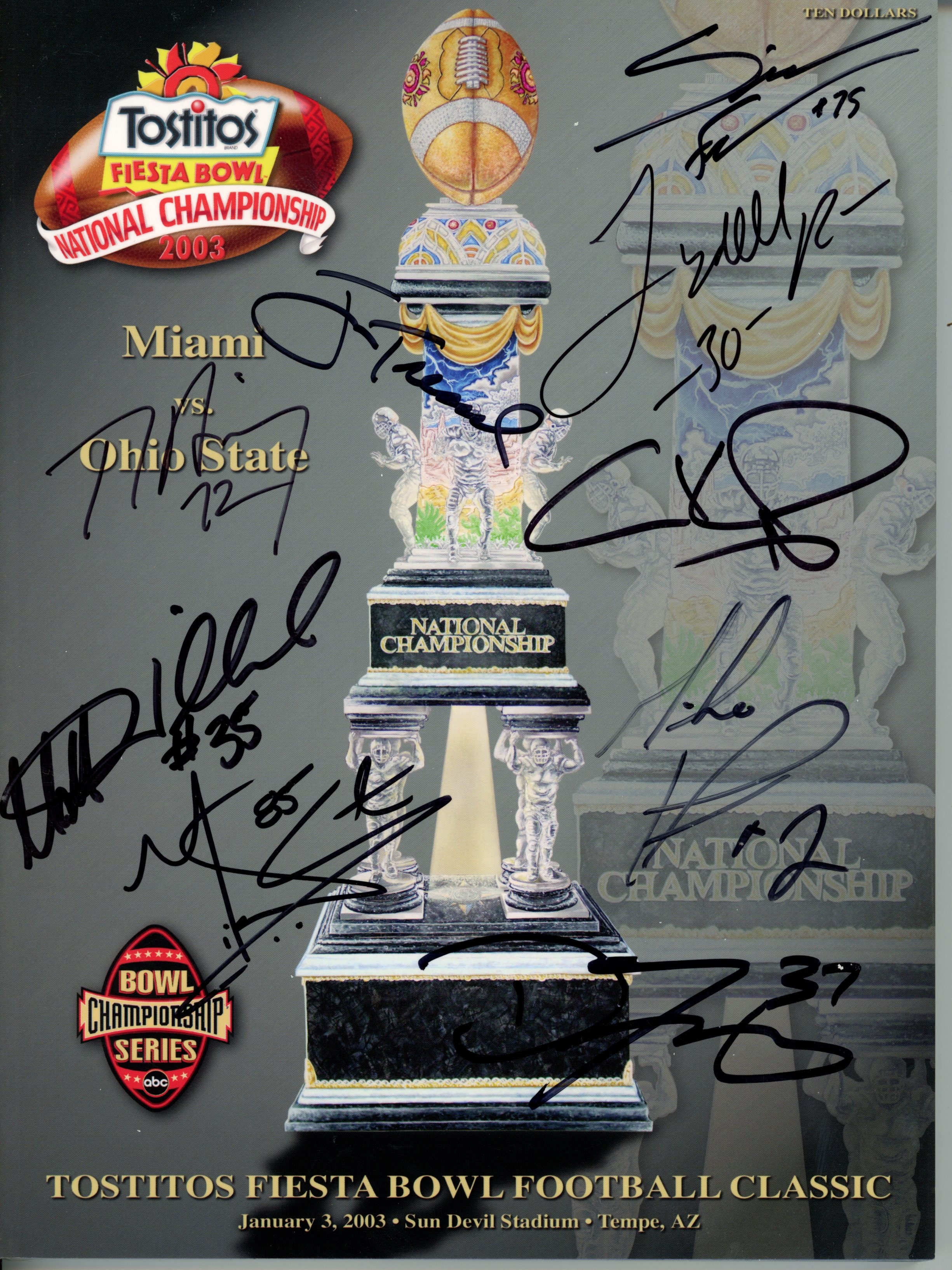 Jim Tressel +8 Signed Ohio State Buckeyes 2003 Fiesta Bowl Magazine JSA 55103