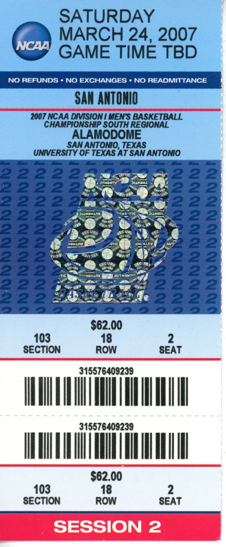 2007 Elite 8 March Madness Ohio State Buckeyes v. Memphis Tigers Ticket 55555