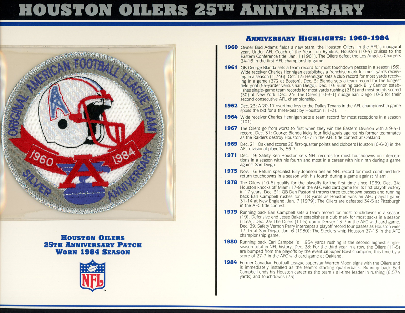 Houston Oilers 25th Anniversary Patch Stat Card Official Willabee & Ward