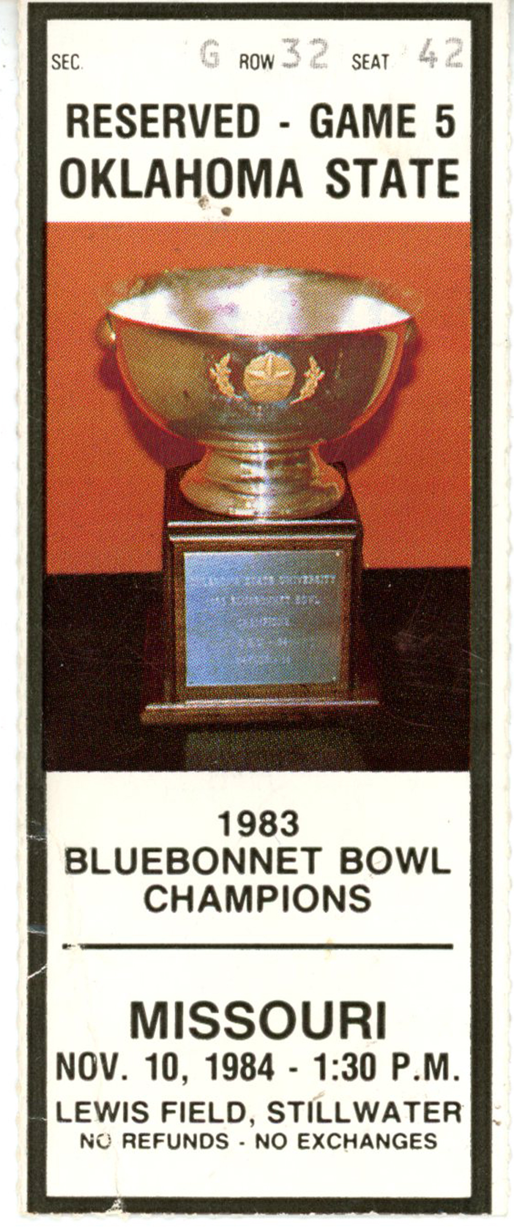 Oklahoma State Cowboys vs Missouri Tigers Nov 10, 1984 Ticket Stub