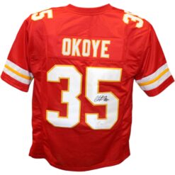 Christian Okoye Autographed/Signed Pro Style Red Jersey Beckett