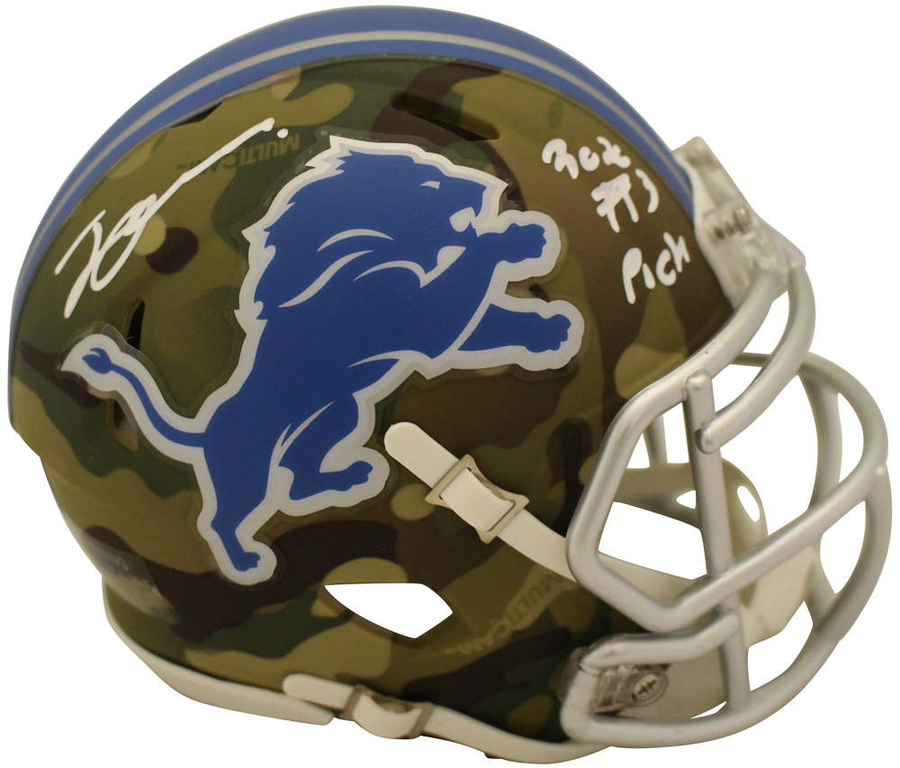 Jeff Okudah Autographed/Signed Camo Detroit Lions Mini Helmet FAN