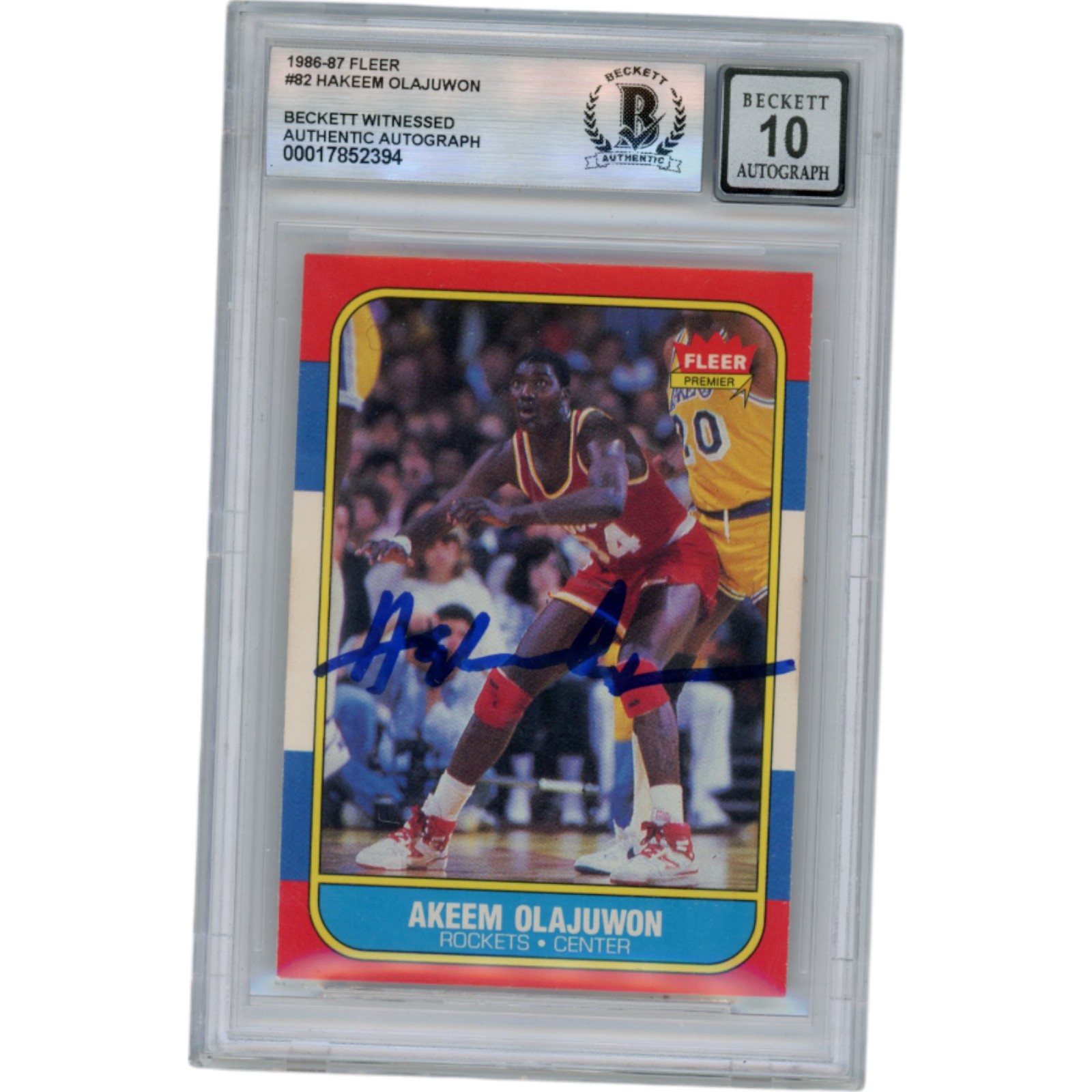 Hakeem Olajuwon Autographed 1986 Fleer #82 Slabbed Trading Card Beckett 50635