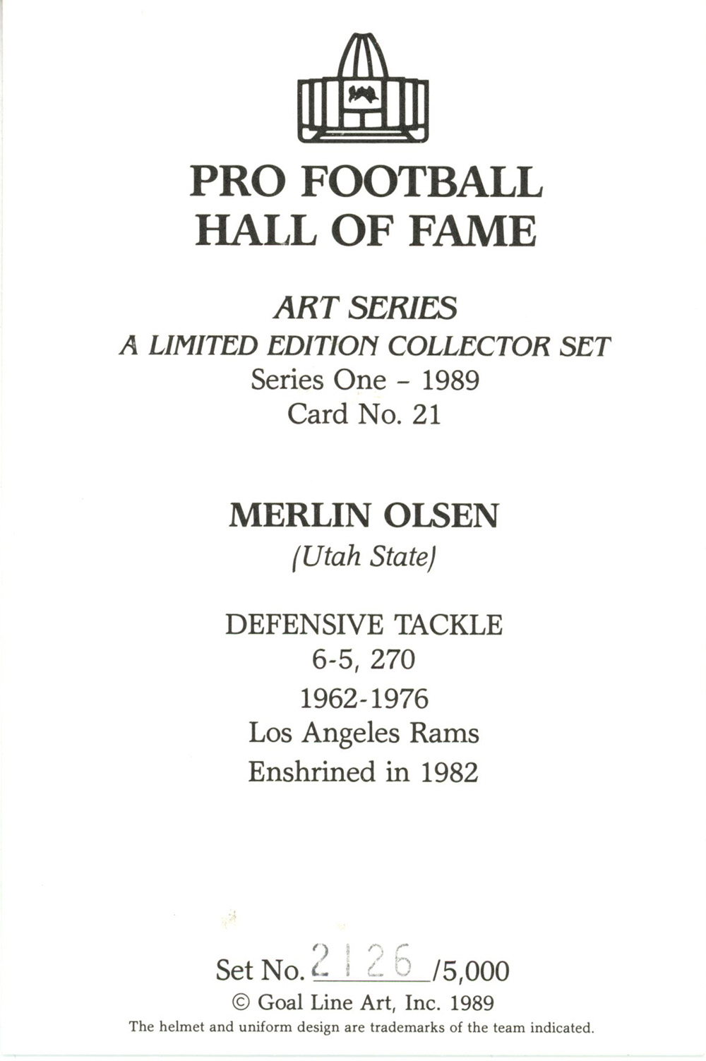 Merlin Olsen Unsigned 1989 Series One Goal Line Art Card St Louis Rams