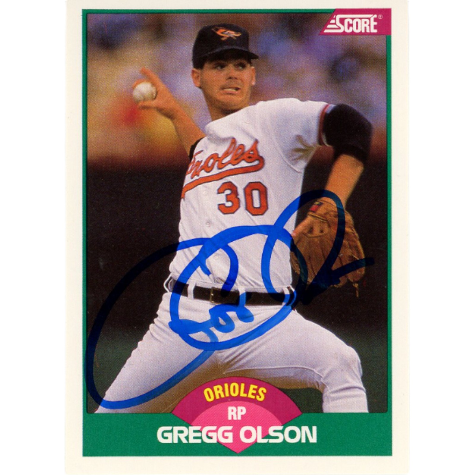 Gregg Olson Autographed/Signed 1989 Score 96T  Trading Card Beckett 48431