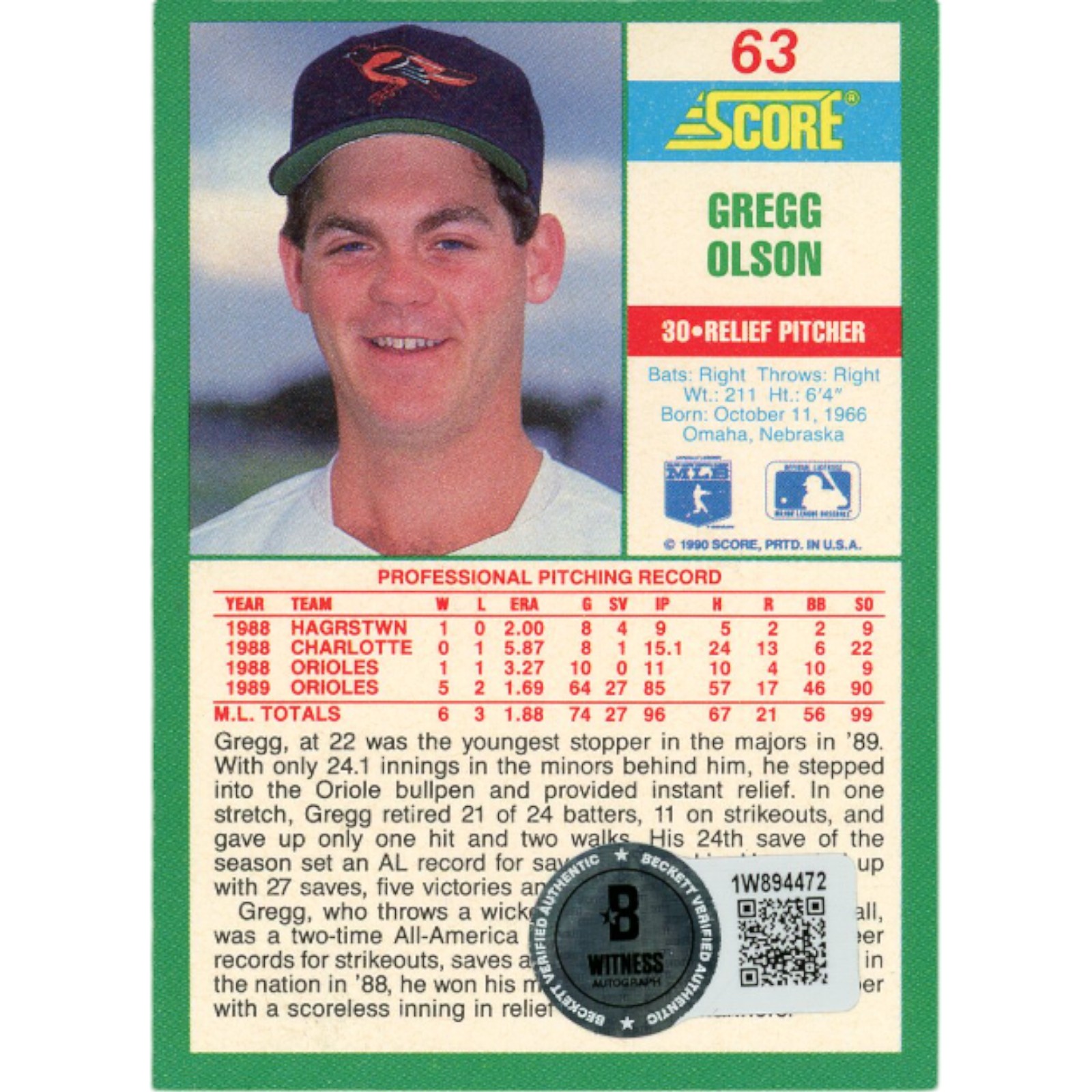 Gregg Olson Autographed/Signed 1990 Score 63  Trading Card Beckett 48432