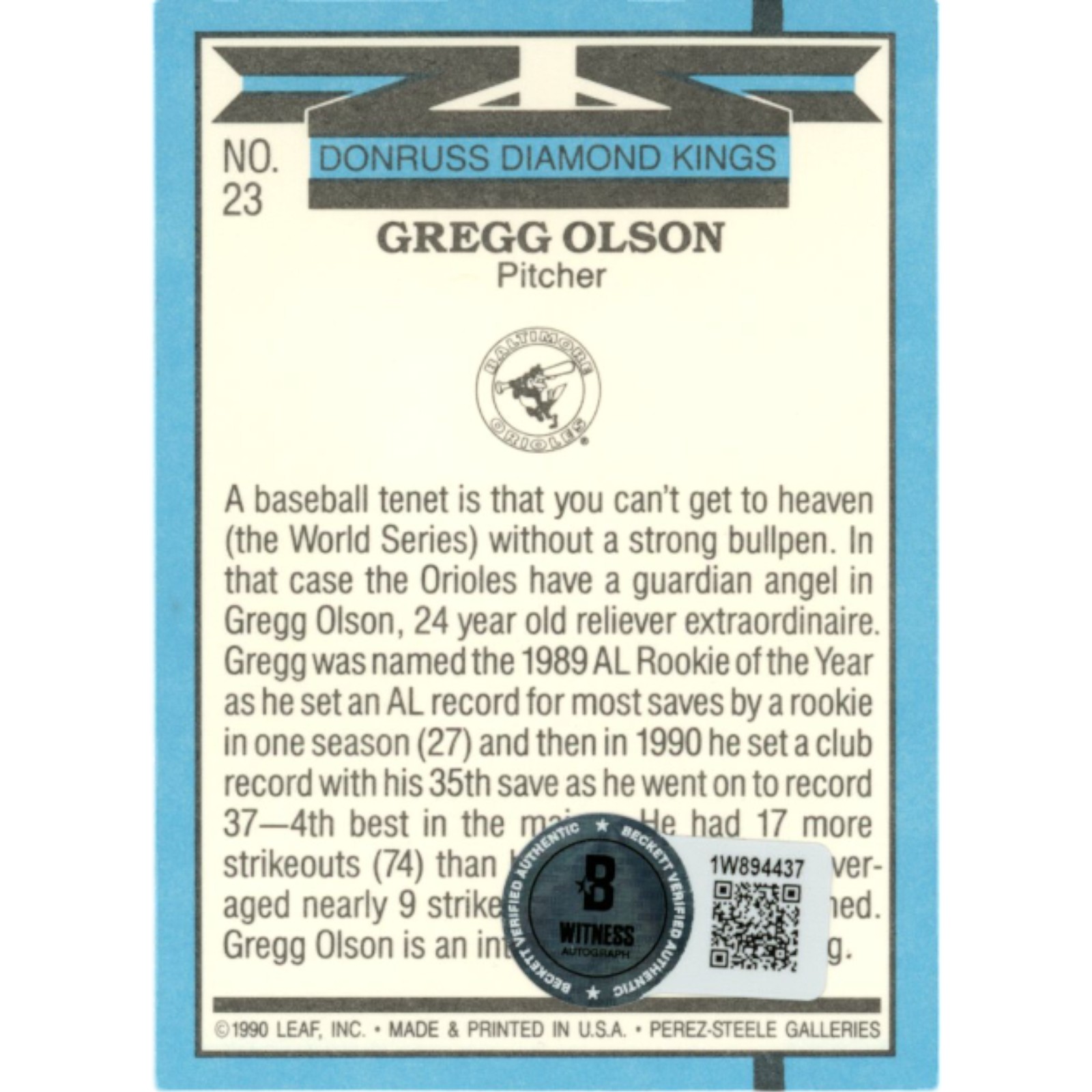 Gregg Olson Autographed 1990 Donruss DK 23 Trading Card Beckett 47522