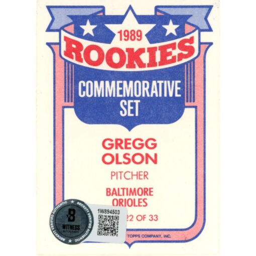 Gregg Olson Autographed/Signed 1989 Topps Rookies 22 Trading Card Beckett 48404