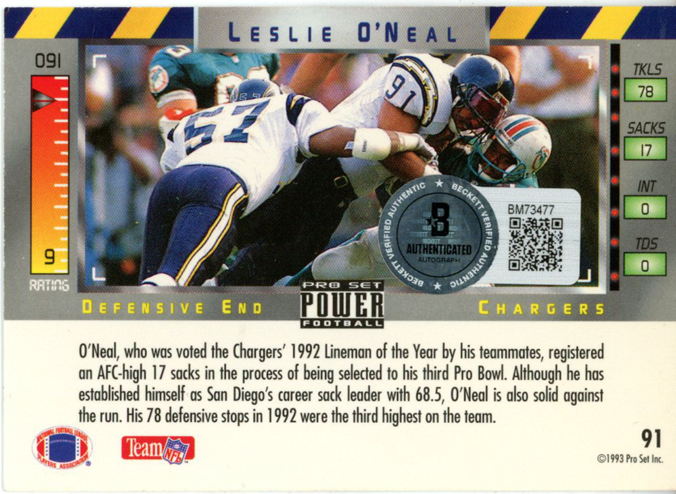 Leslie O'Neal Autographed 1993 Pro Set Power #91 Trading Card Beckett 44793
