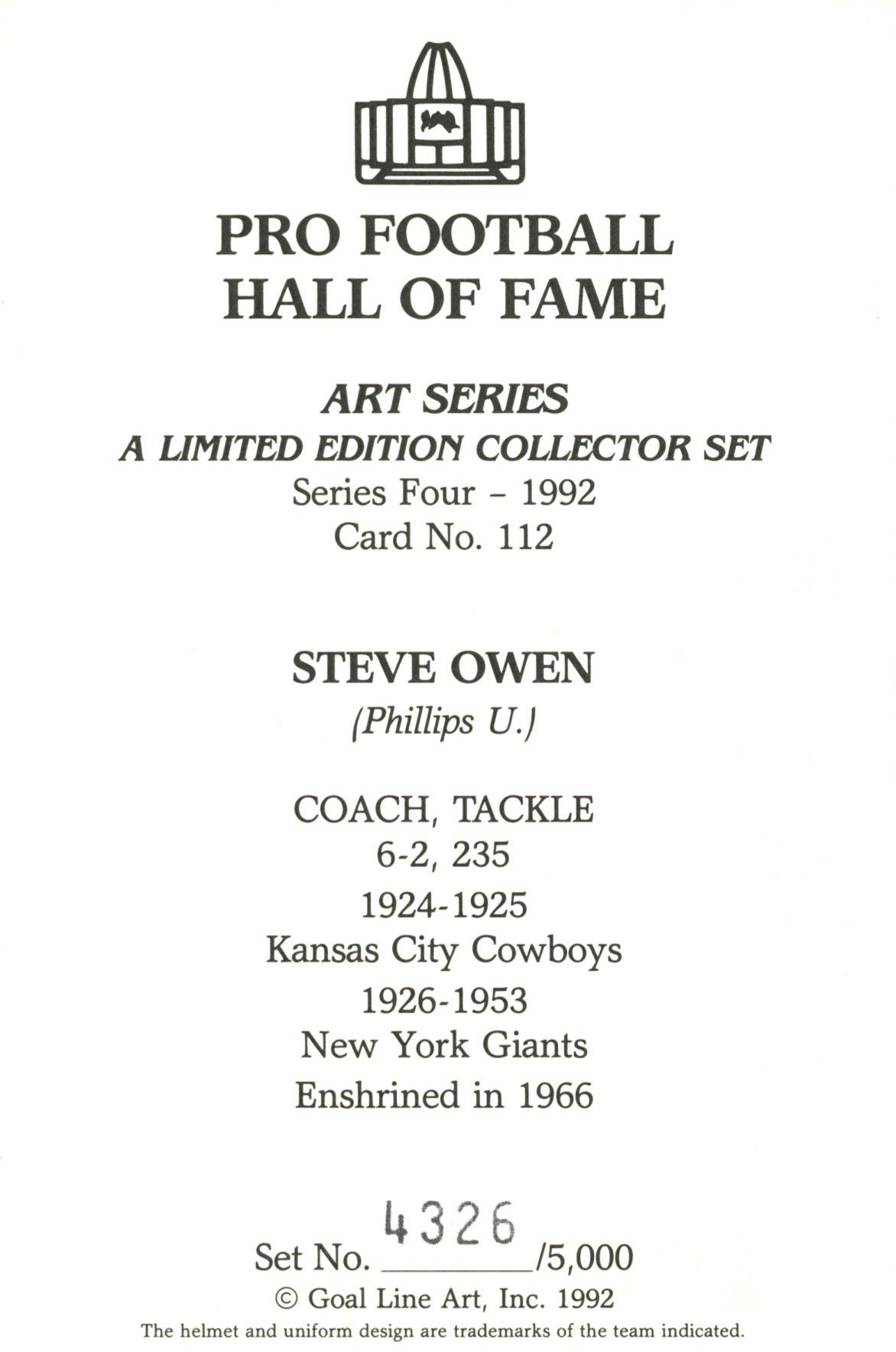 Steve Owen New York Giants Goal Line Art Card Series 4 No Steve Owen New York Giants Goal Line Art Card Series 4 No. 112 LE /5000 58131