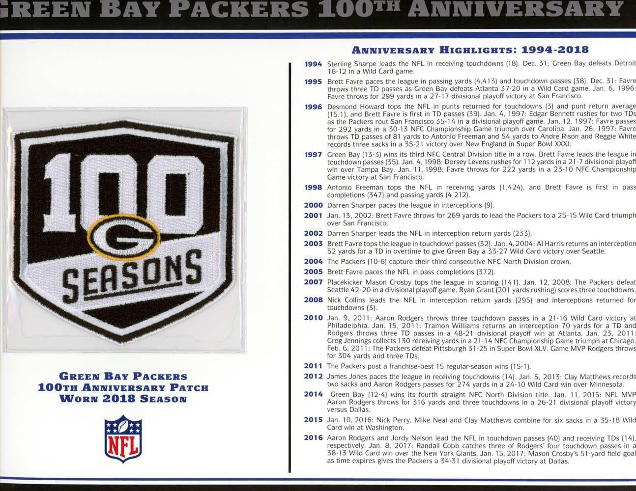 Green Bay Packers 100th Anniversary Patch Stat Card Willabee & Ward