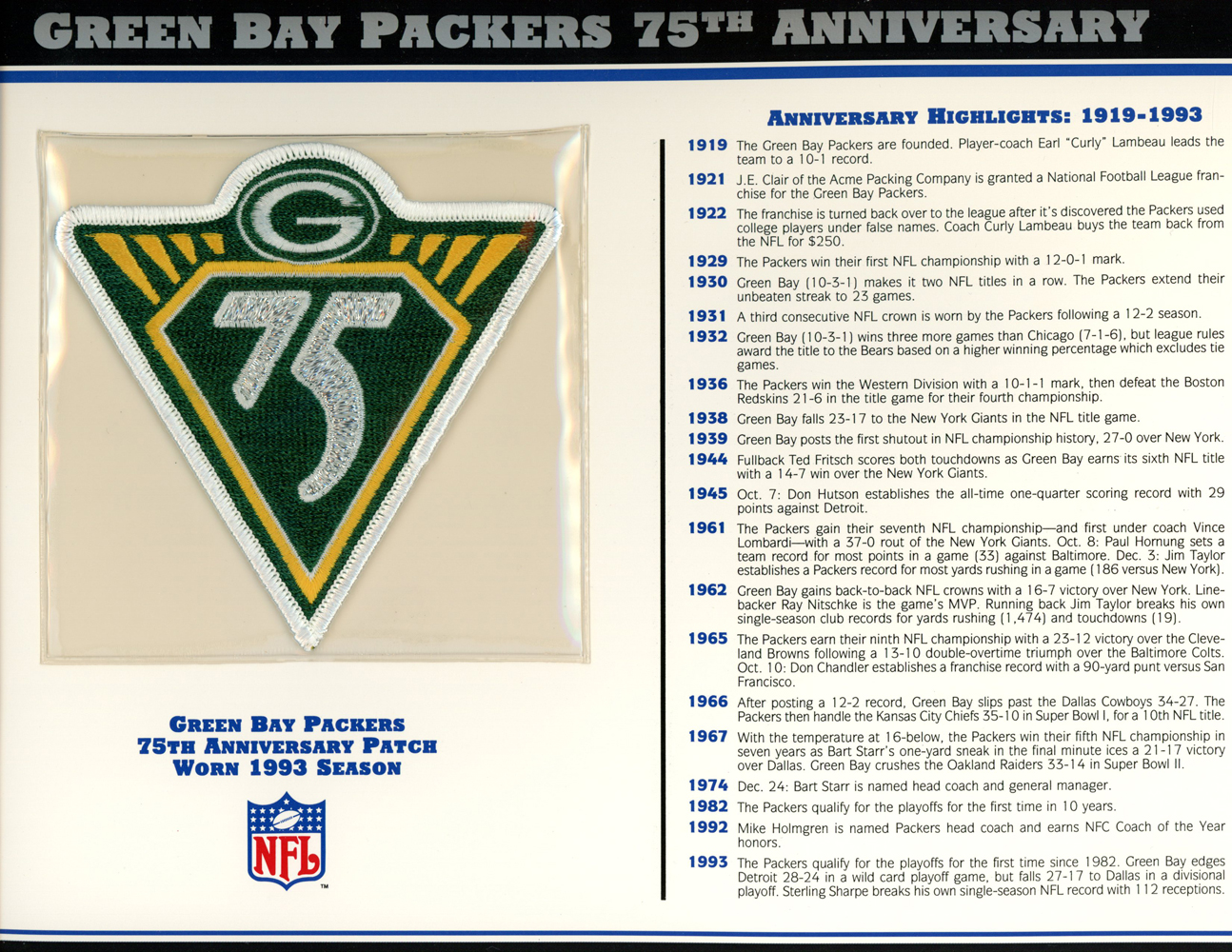 Green Bay Packers 75th Anniversary Patch Stat Card Official Willabee & Ward