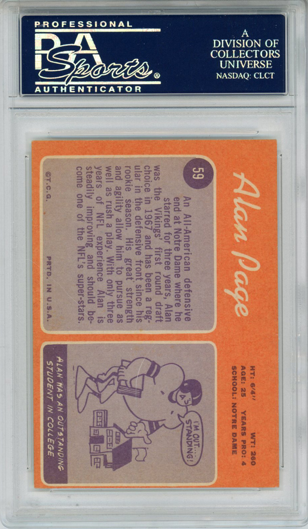 Alan Page Autographed 1970 Topps #59 Trading Card PSA Slab