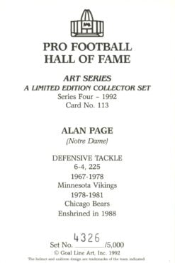 Alan Page Minnesota Vikings Goal Line Art Card Series 4 No. 113 LE /5000 58132