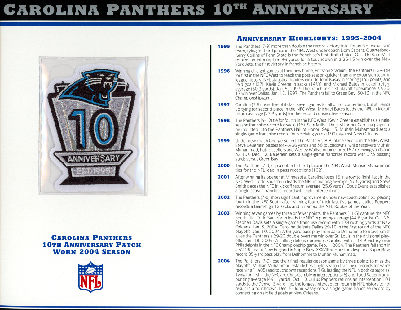 Carolina Panthers 10th Anniversary Patch Stat Card Official Willabee & Ward