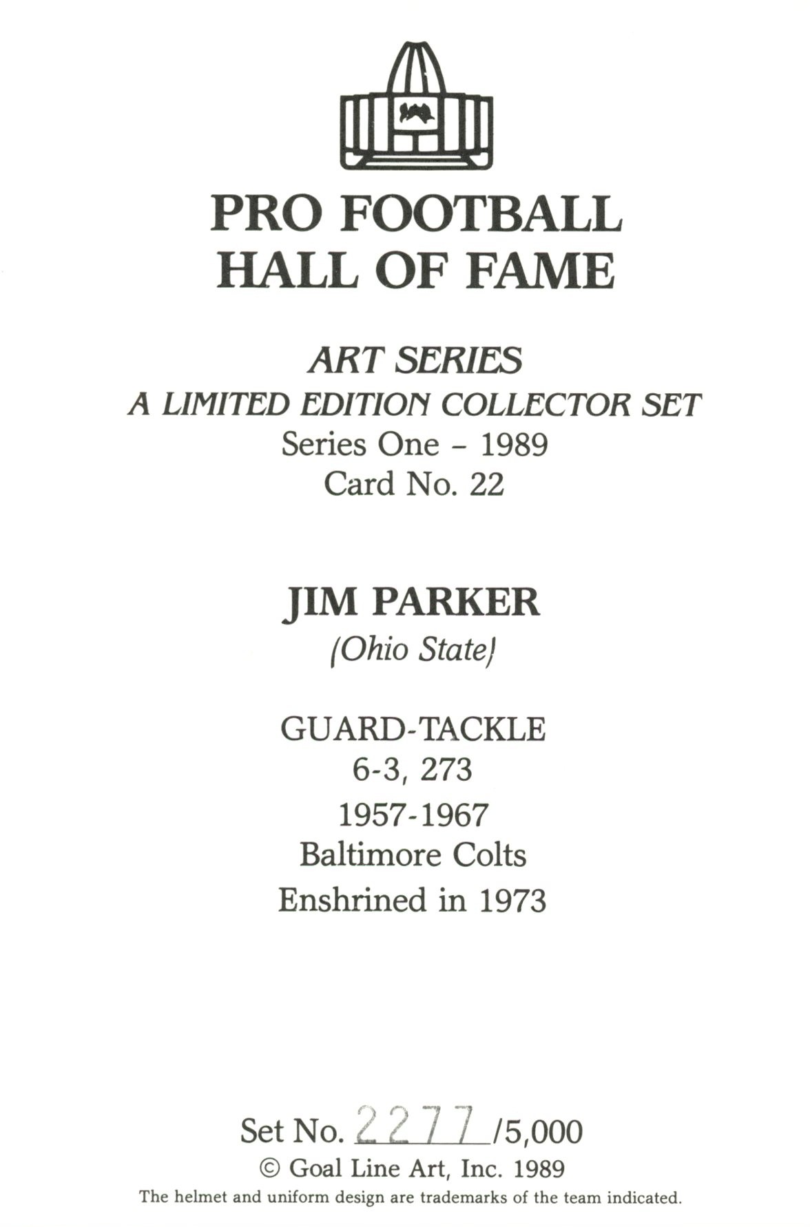 Jim Parker Baltimore Colts Goal Line Art Card Series 1 No Jim Parker Baltimore Colts Goal Line Art Card Series 1 No. 22 LE /5000 58134