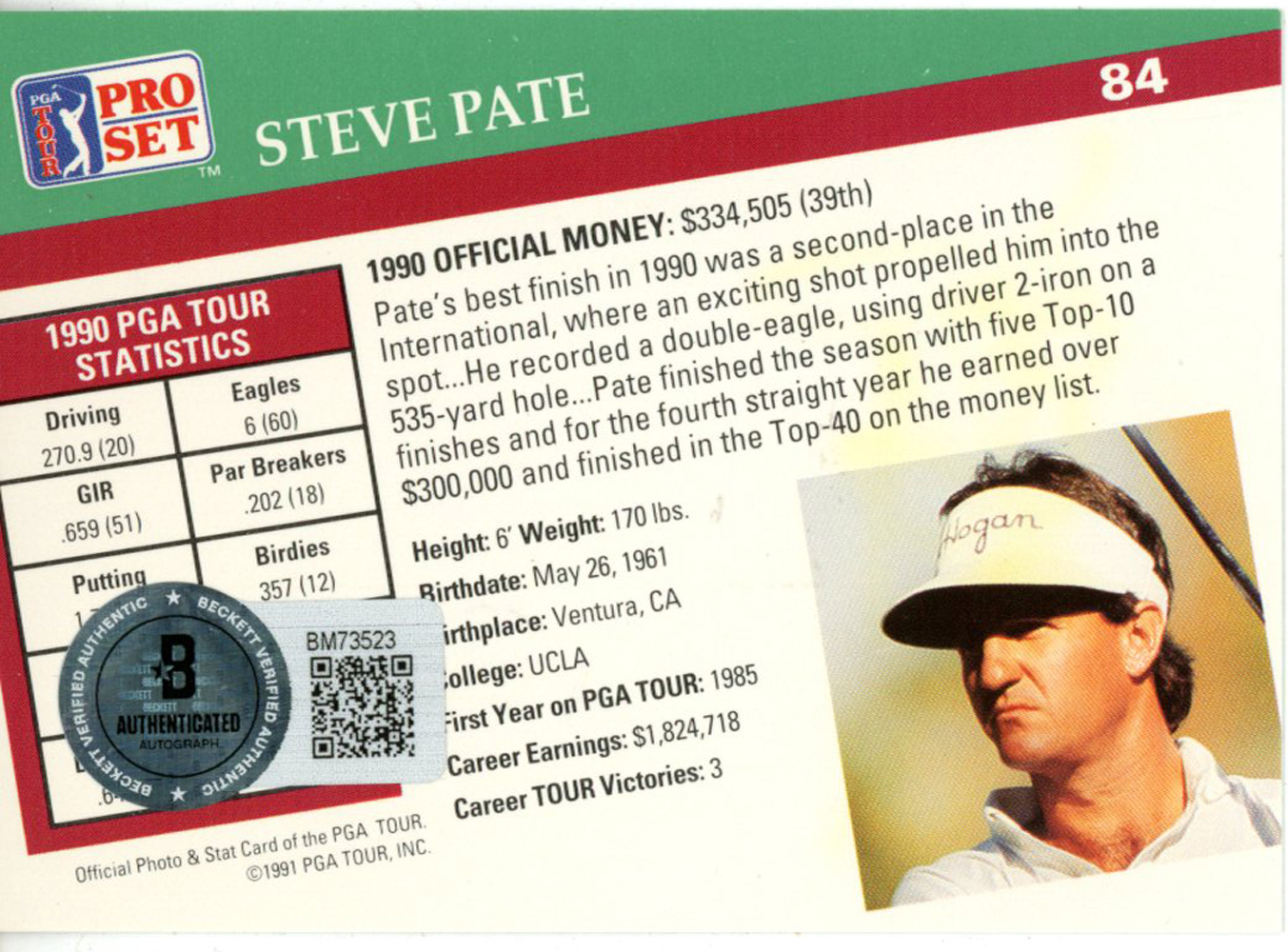 Steve Pate Autographed 1991 Pro Set #84 Trading Card Beckett 44883
