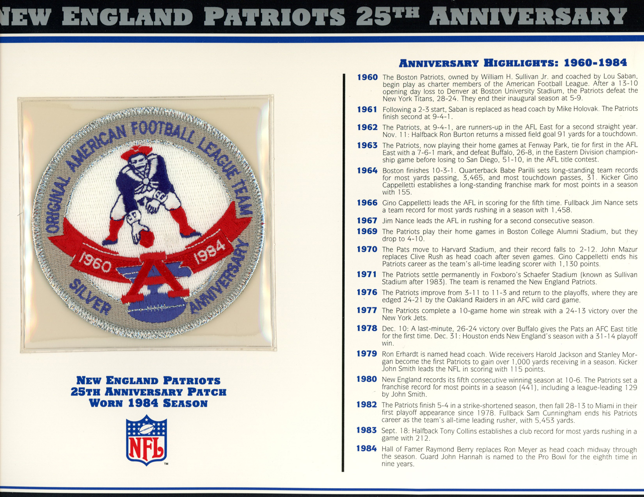 New England Patriots 25th Anniversary Patch Stat Card Willabee & Ward