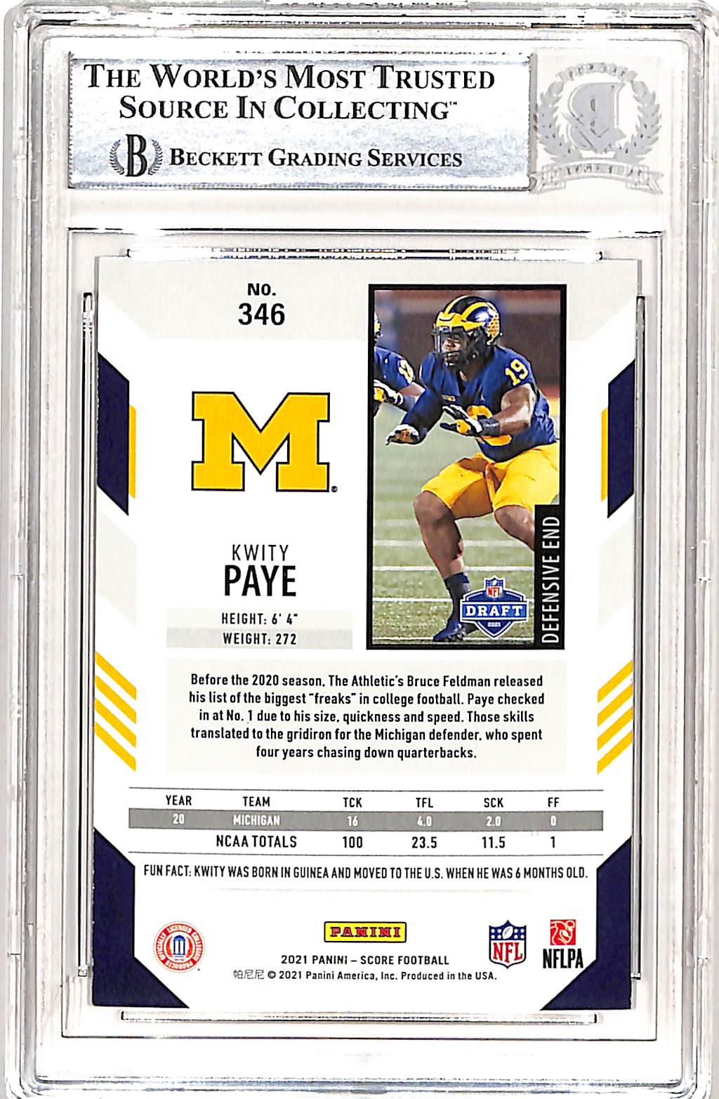 Kwity Paye Autographed Score 2021 #346 Trading Card Slabbed Beckett