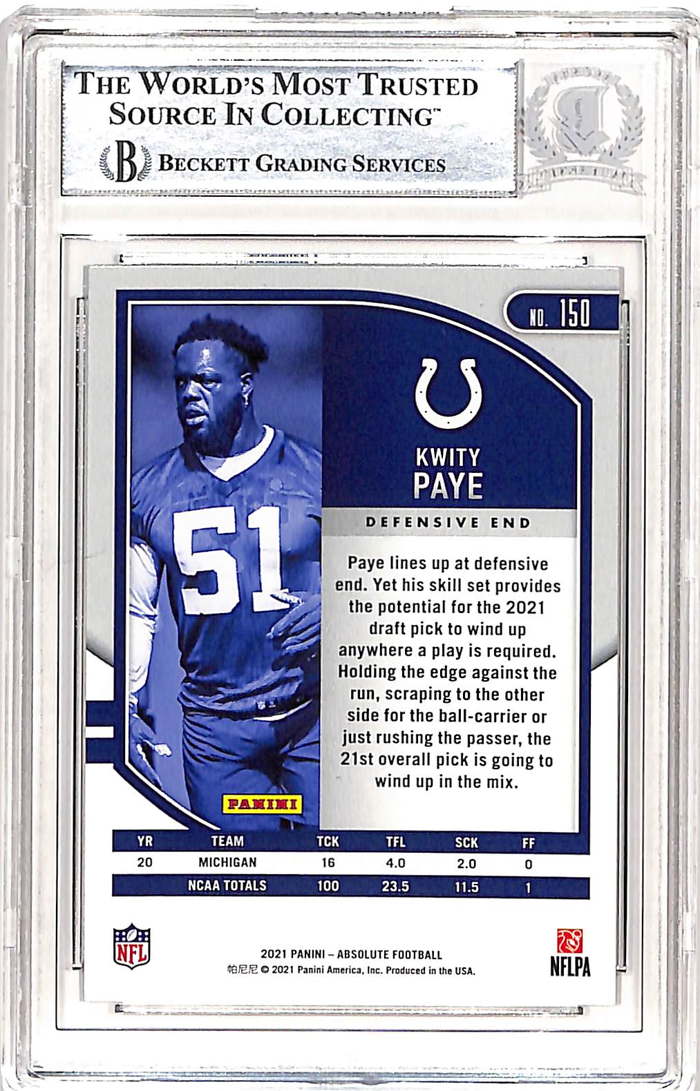 Kwity Paye Autographed Absolute 2021 #150 Trading Card Slabbed Beckett