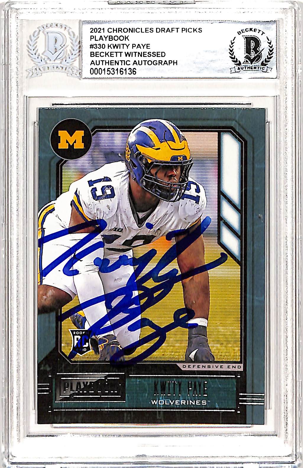 Kwity Paye Autographed Chronicles Playbook 2021 #330 Card Slab Beckett 