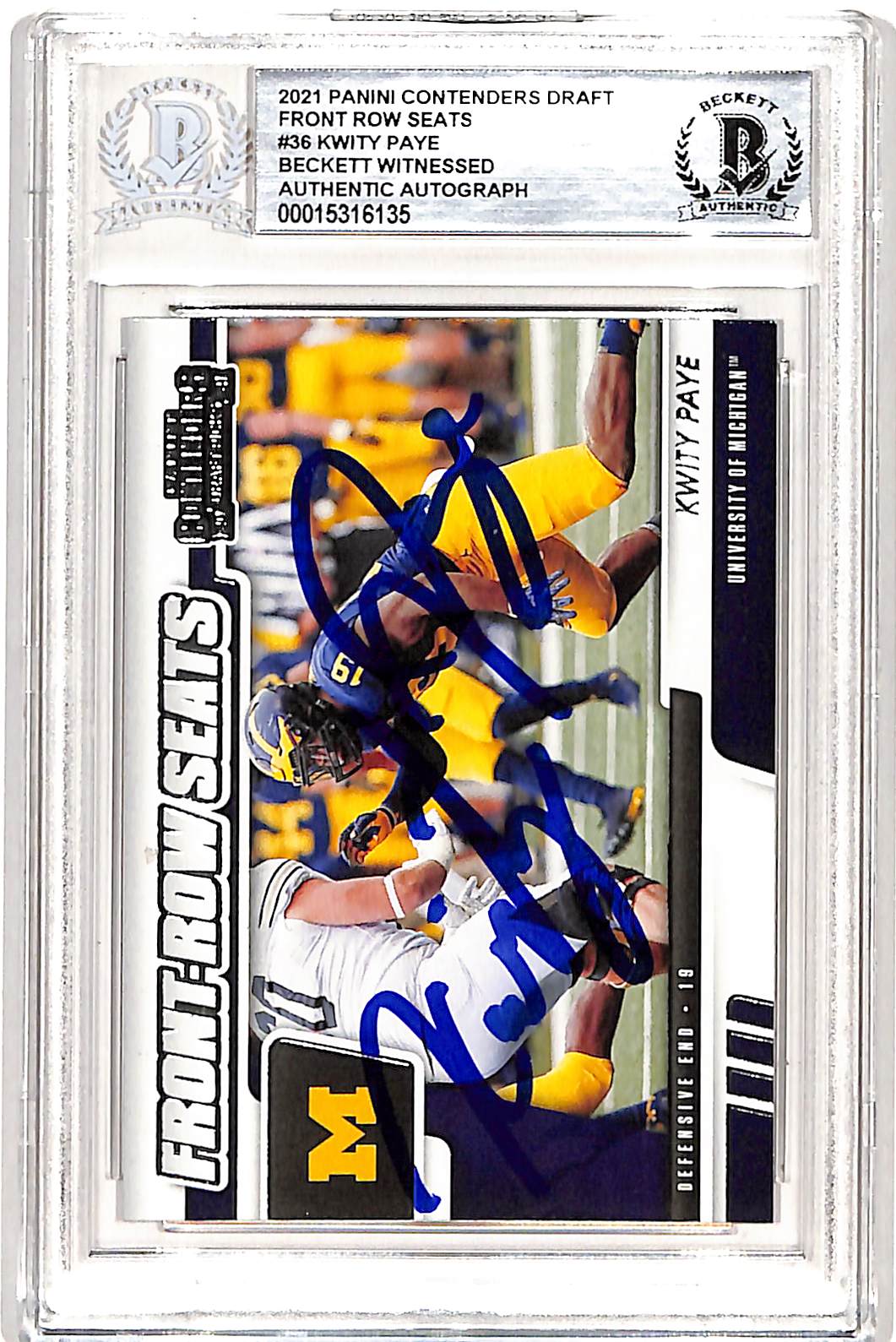 Kwity Paye Autographed Contenders Front Row 2021 #36 Card Slab Beckett 