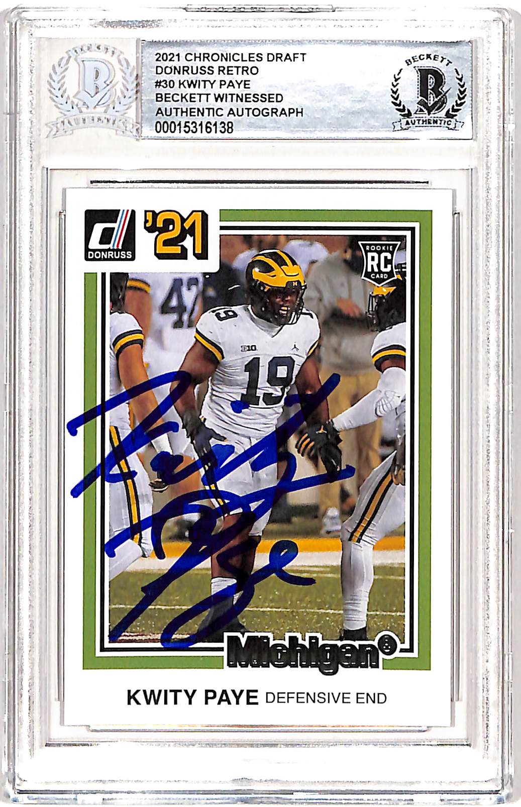 Kwity Paye Autographed Donruss Chronicles 2021 #19 Card Slabbed Beckett 