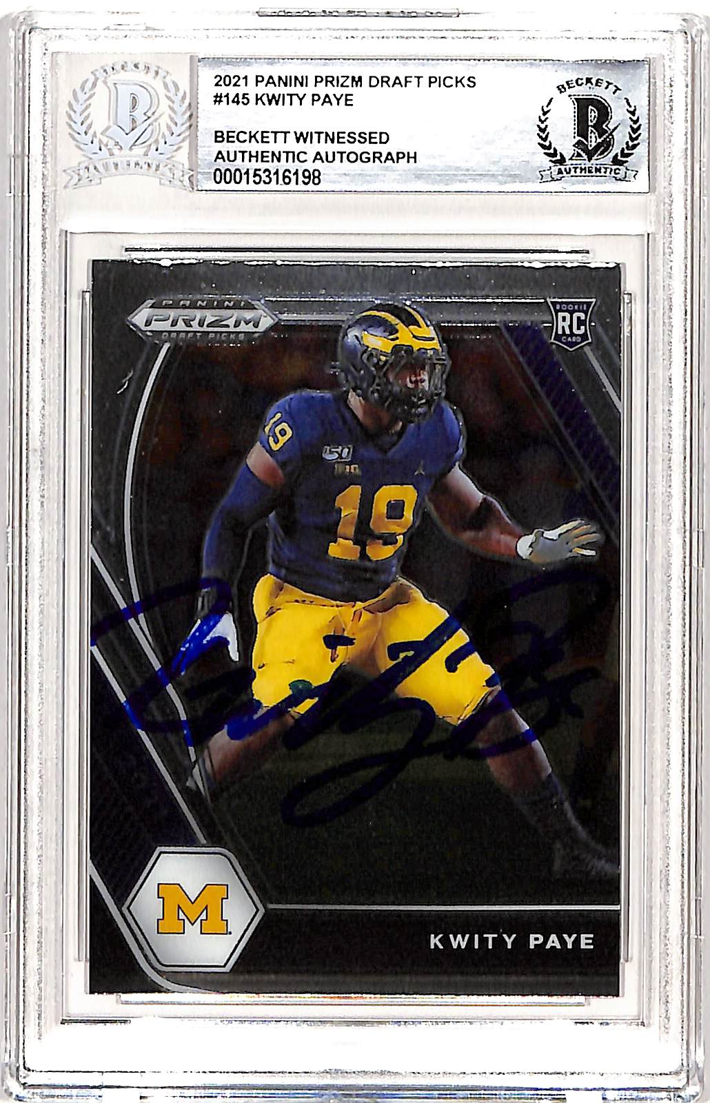 Kwity Paye Autographed Prizm 2021 Draft Picks #145 Card Slabbed Beckett 