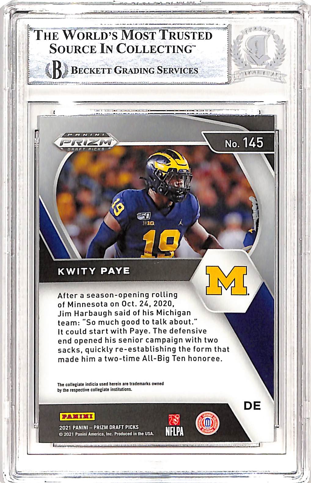 Kwity Paye Autographed Prizm 2021 Draft Picks #145 Card Slabbed Beckett