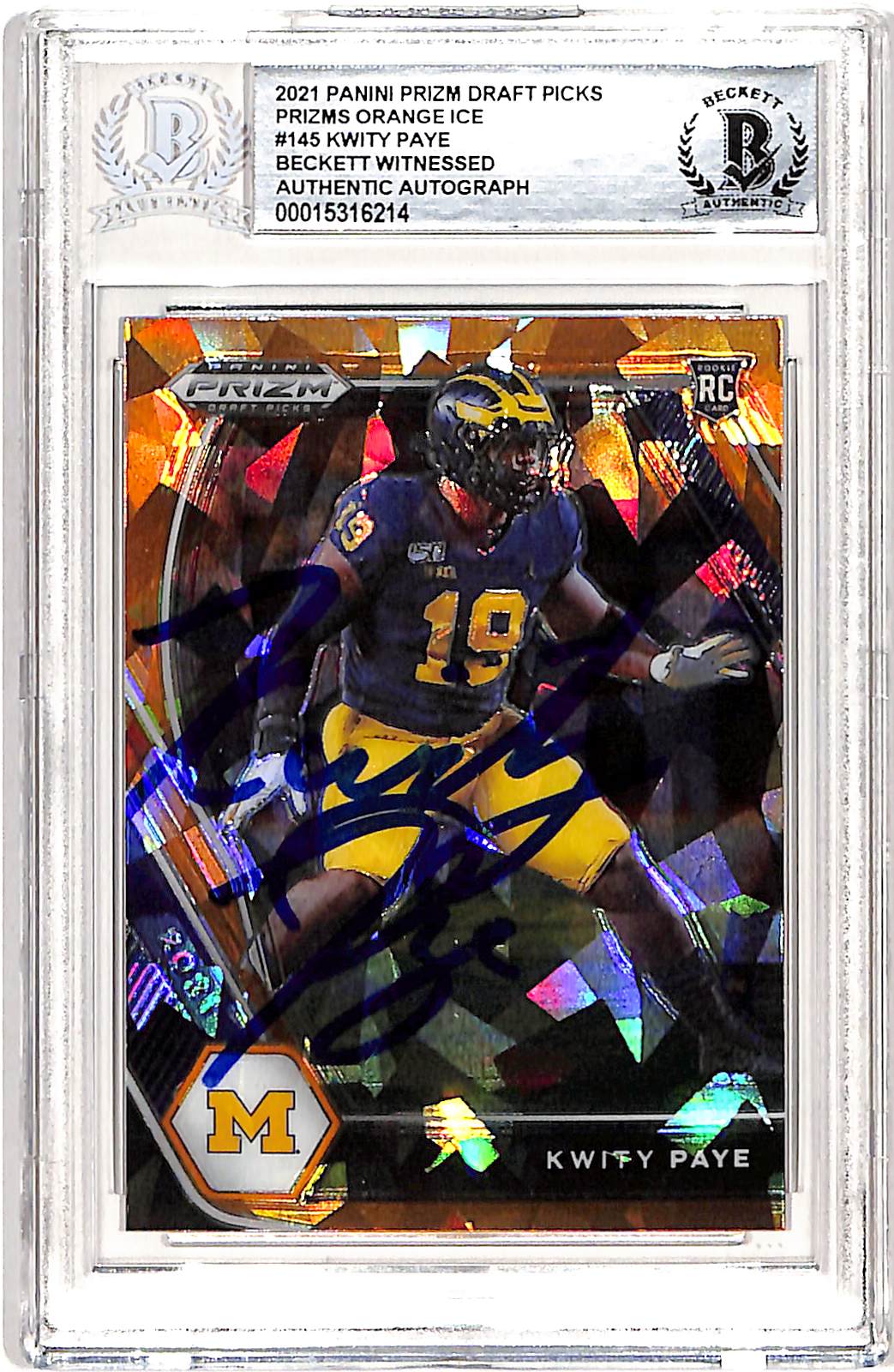 Kwity Paye Autographed Prizm Orange #145 Trading Card Slabbed Beckett 