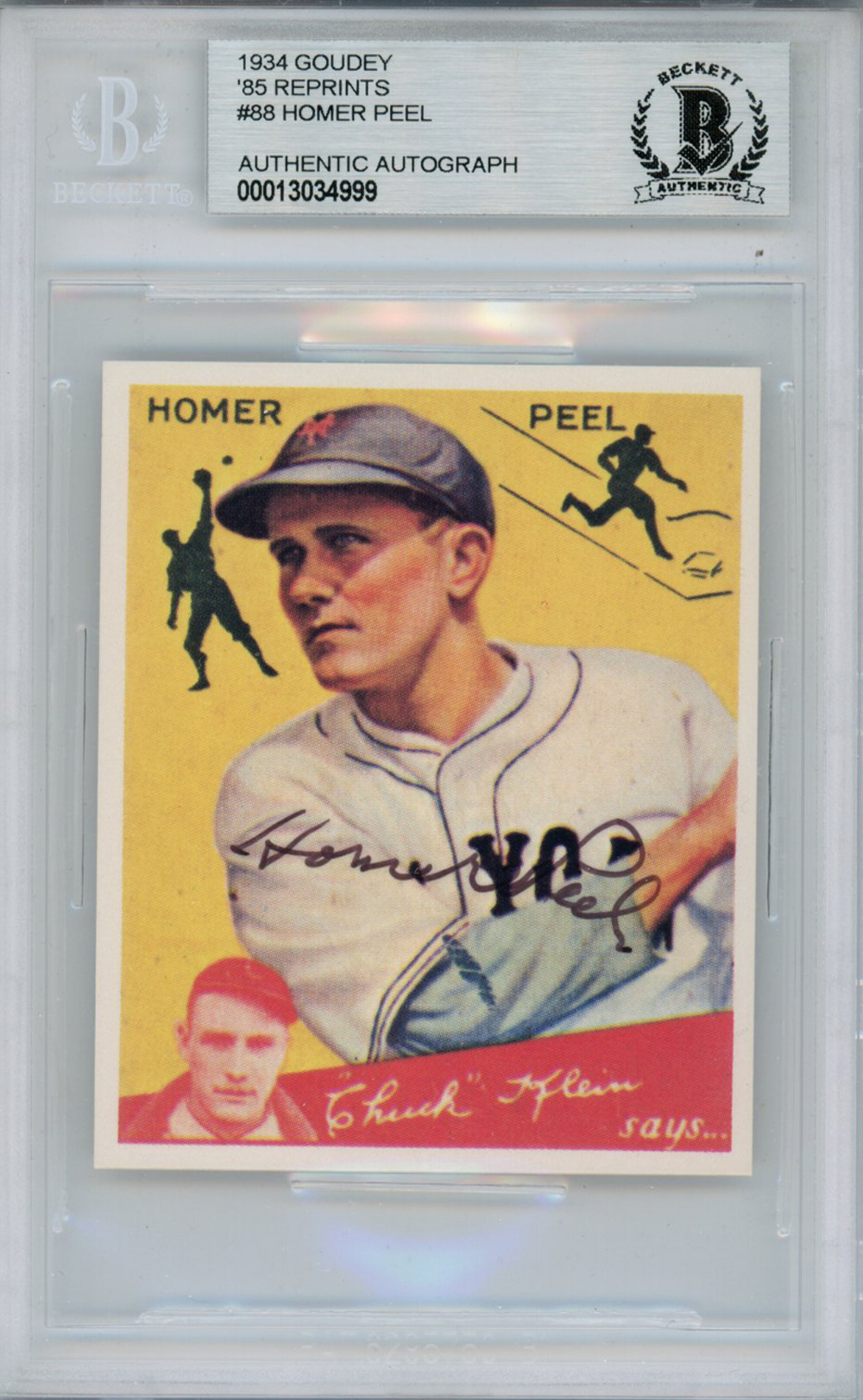 Homer Peel Autographed 1934 Goudey '85 Reprint #88 Card Beckett Slab