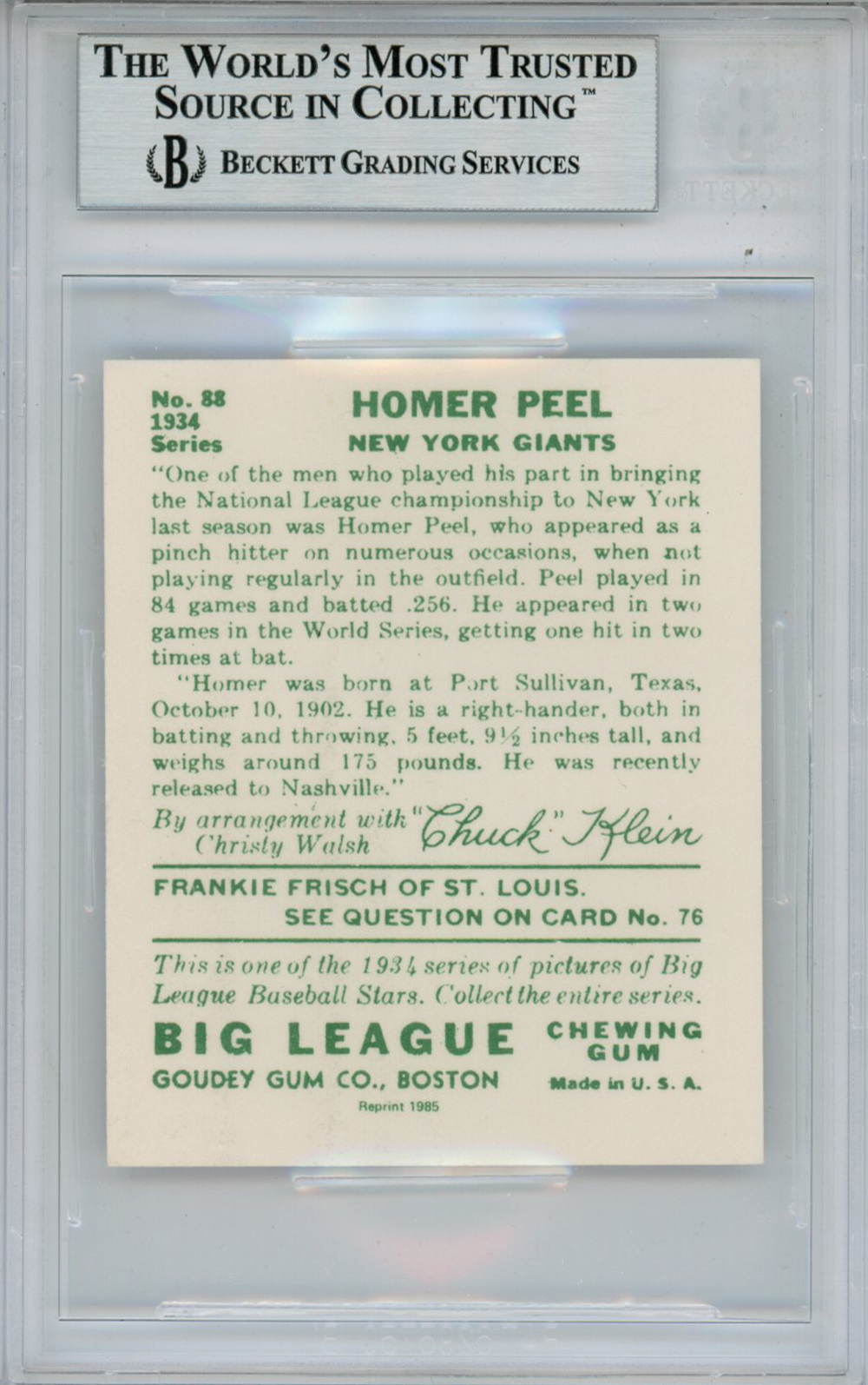 Homer Peel Autographed 1934 Goudey '85 Reprint #88 Card Beckett Slab