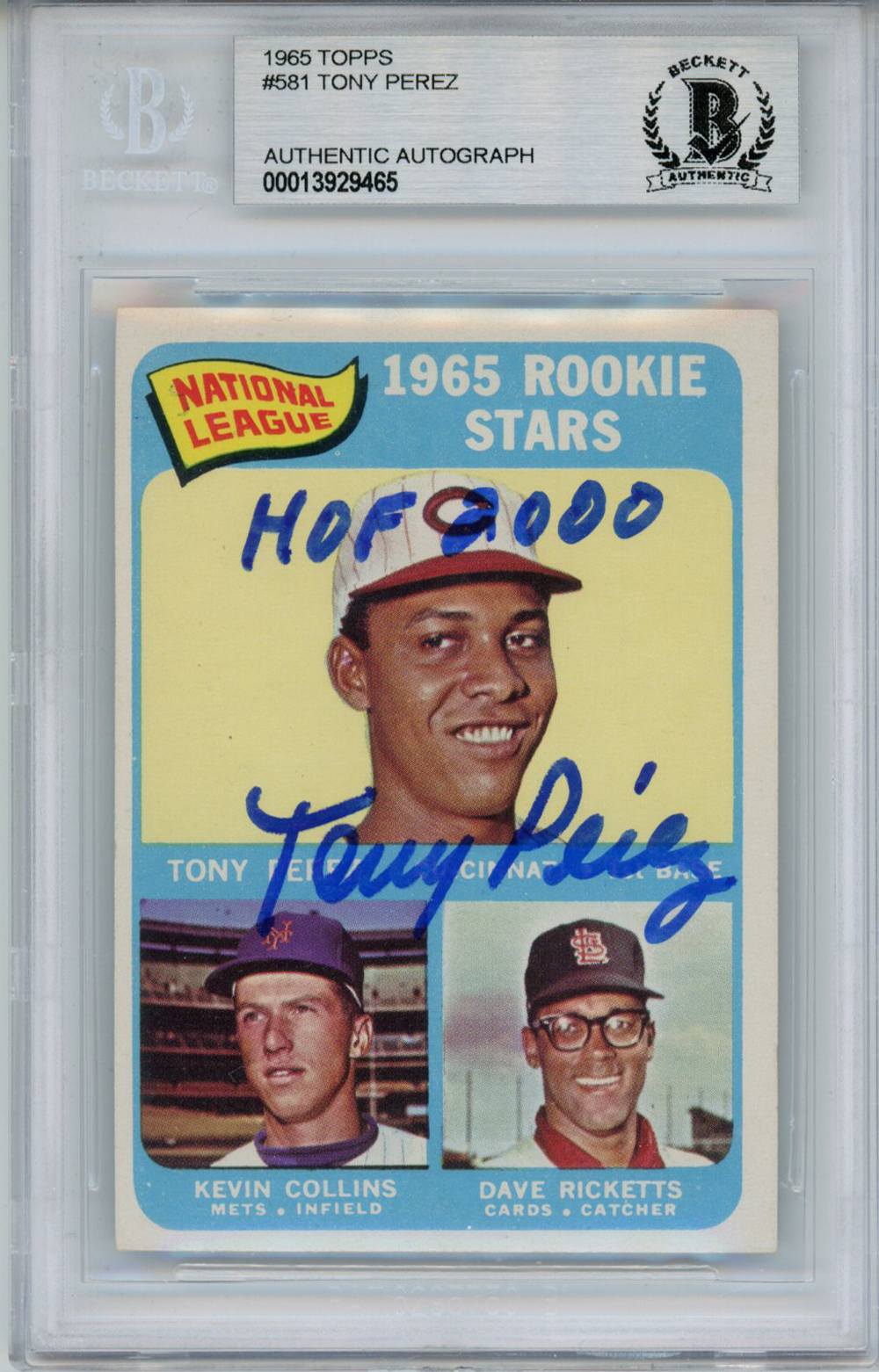 Tony Perez Autographed 1965 Topps #581 Rookie Card HOF Beckett Slab