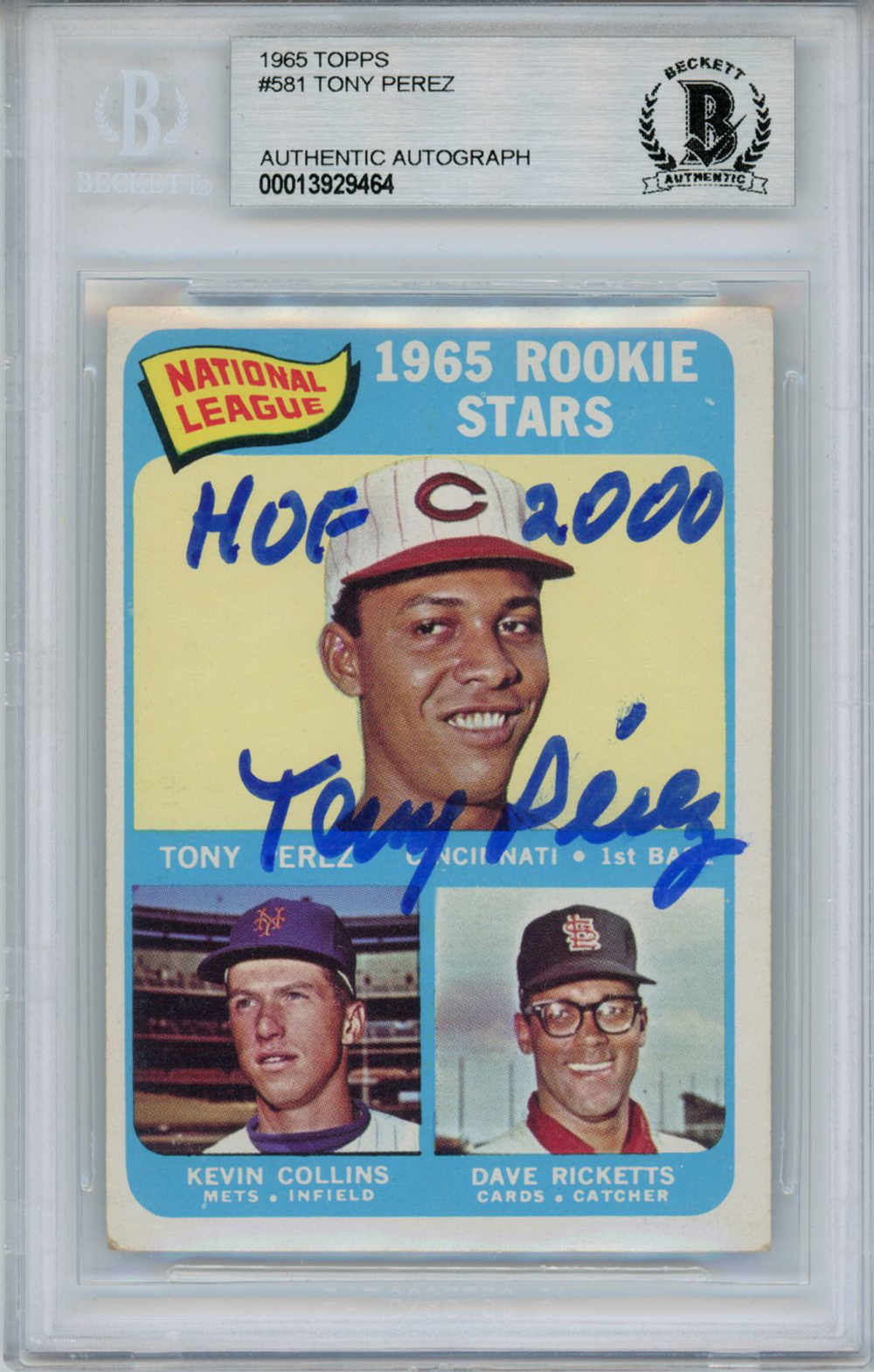 Tony Perez Autographed 1965 Topps #581 Rookie Card HOF Beckett Slab