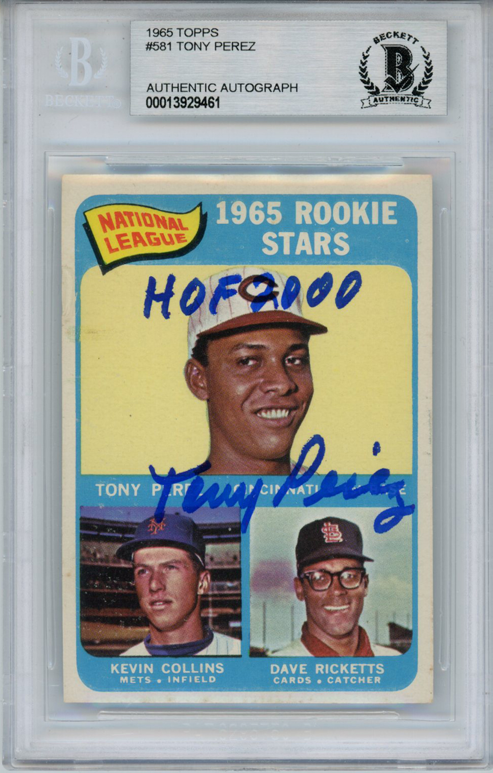 Tony Perez Autographed 1965 Topps #581 Rookie Card HOF Beckett Slab