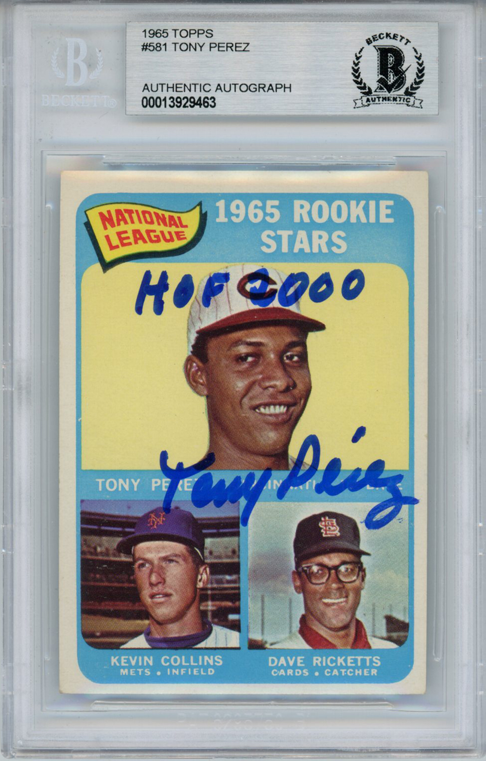 Tony Perez Autographed 1965 Topps #581 Rookie Card HOF Beckett Slab