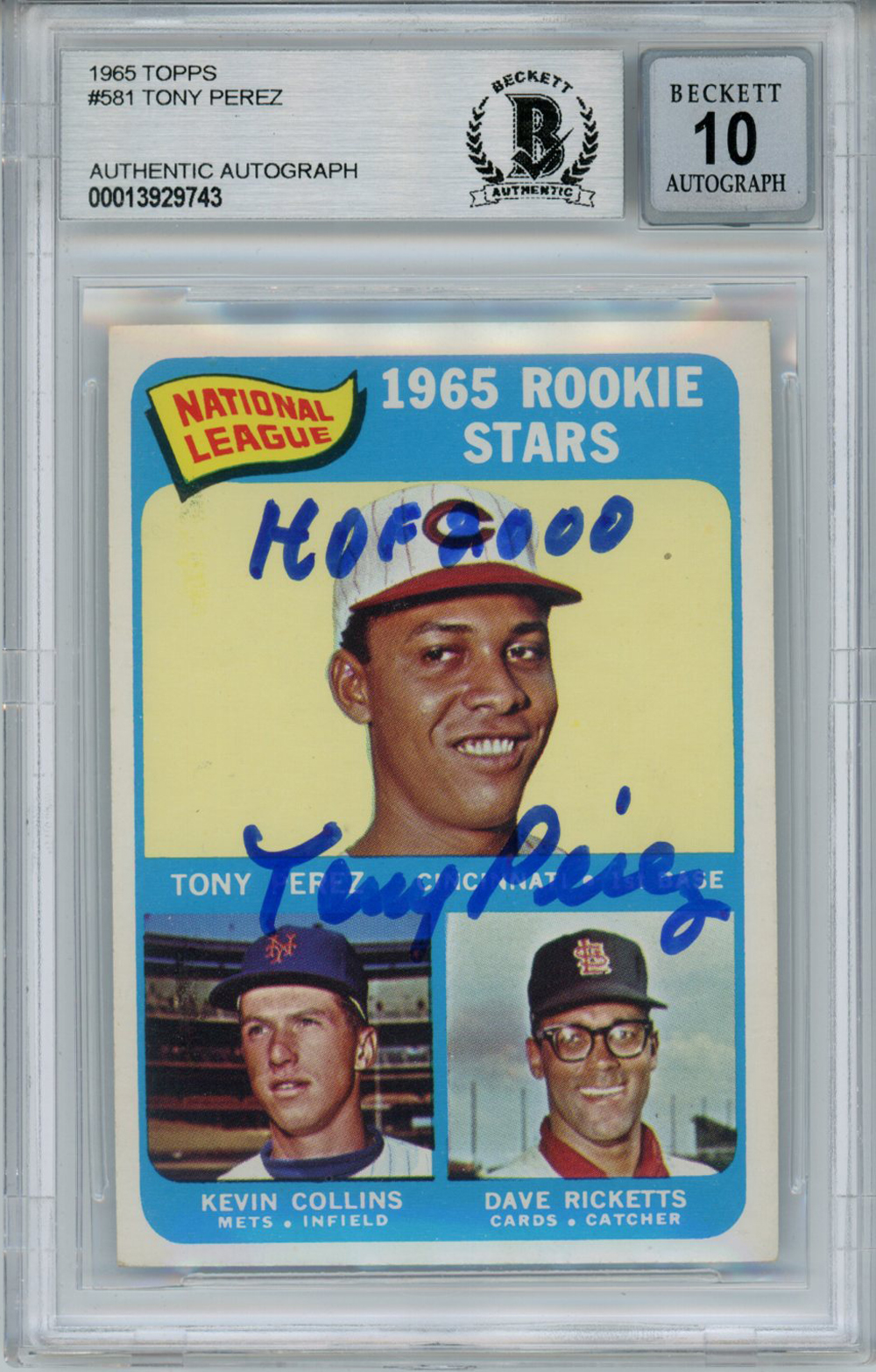 Tony Perez Autographed 1965 Topps #581 Rookie Card HOF Beckett 10 Slab