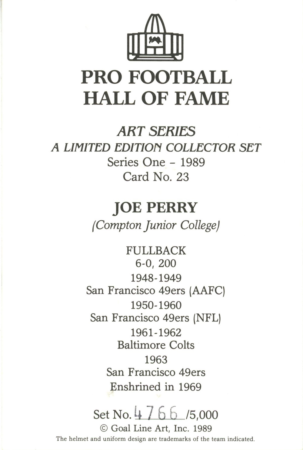 Joe Perry Unsigned 1989 Series One Goal Line Art Card San Francisco 49ers