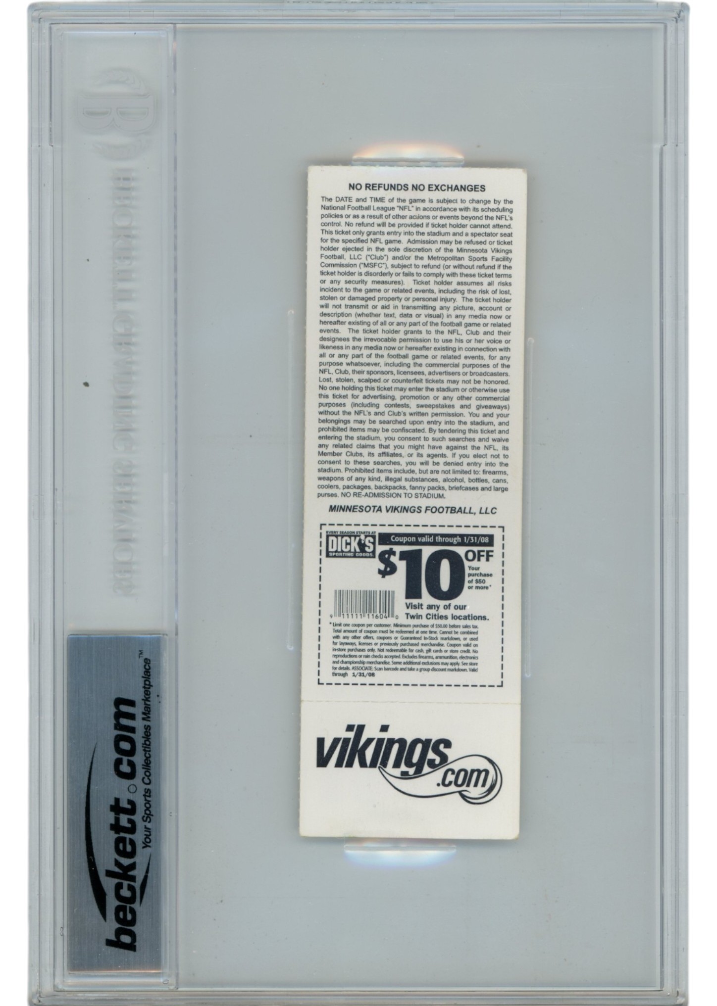 Adrian Peterson Autographed Minnesota Vikings 07ROY Slabbed Ticket Beckett 36362