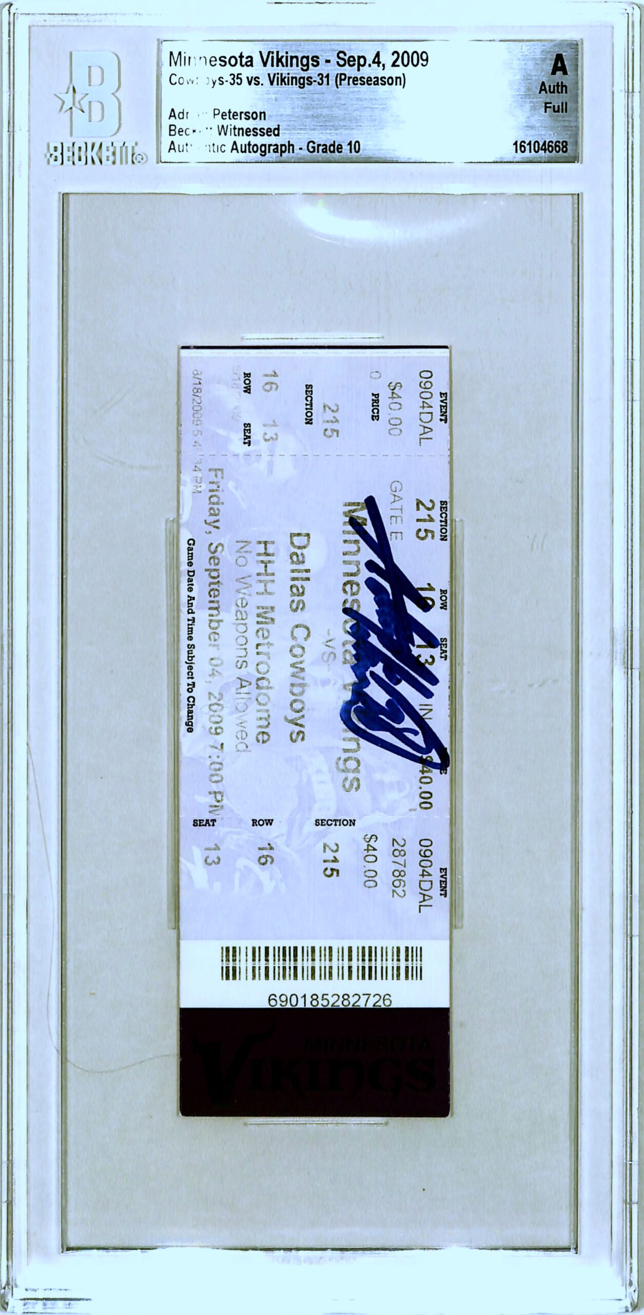 Adrian Peterson Signed Minnesota Vikings Ticket Stub 09/04/09 Becket Slab