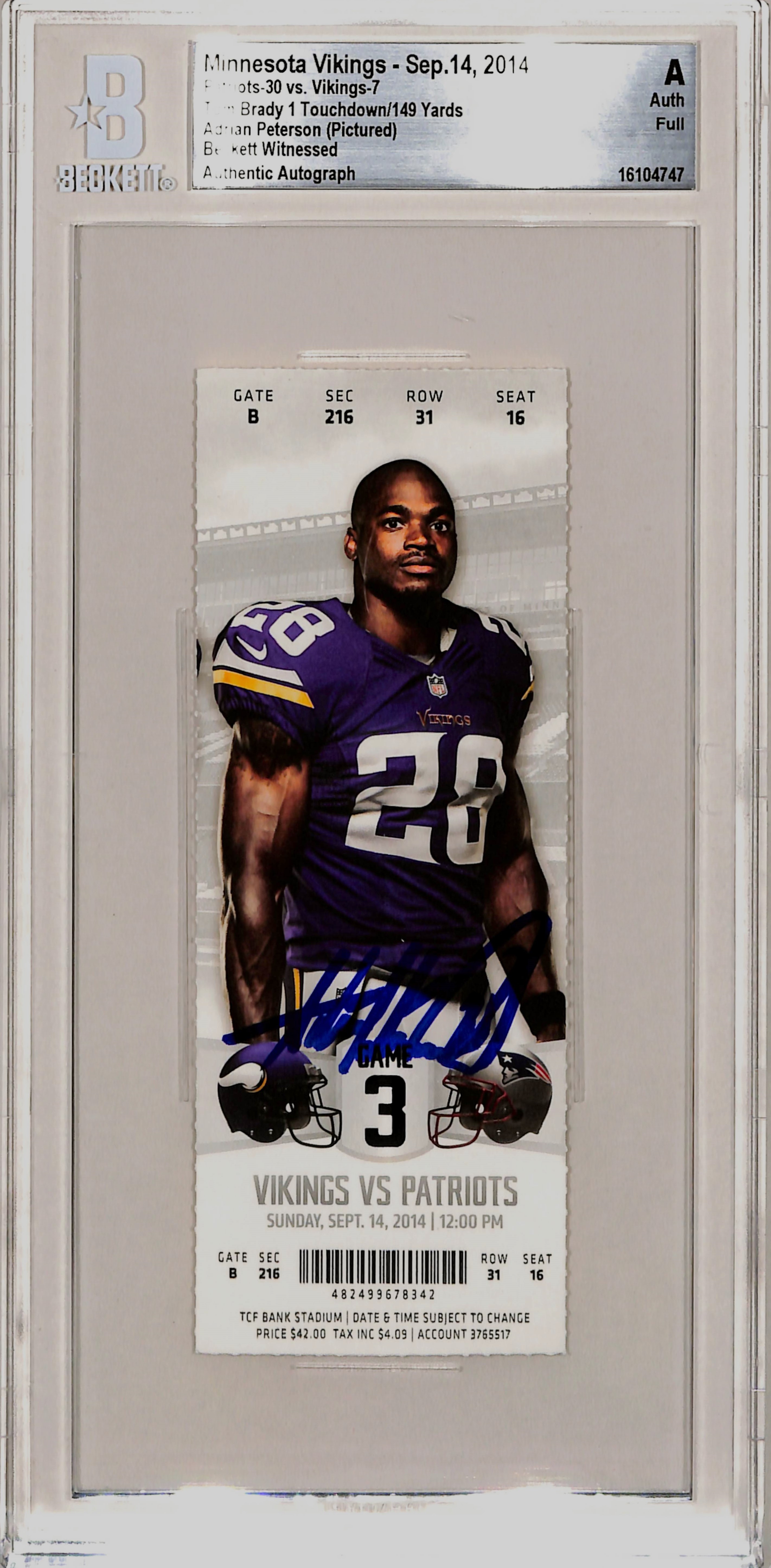 Adrian Peterson Signed Minnesota Vikings Ticket Stub 09/14/14 Becket Slab 