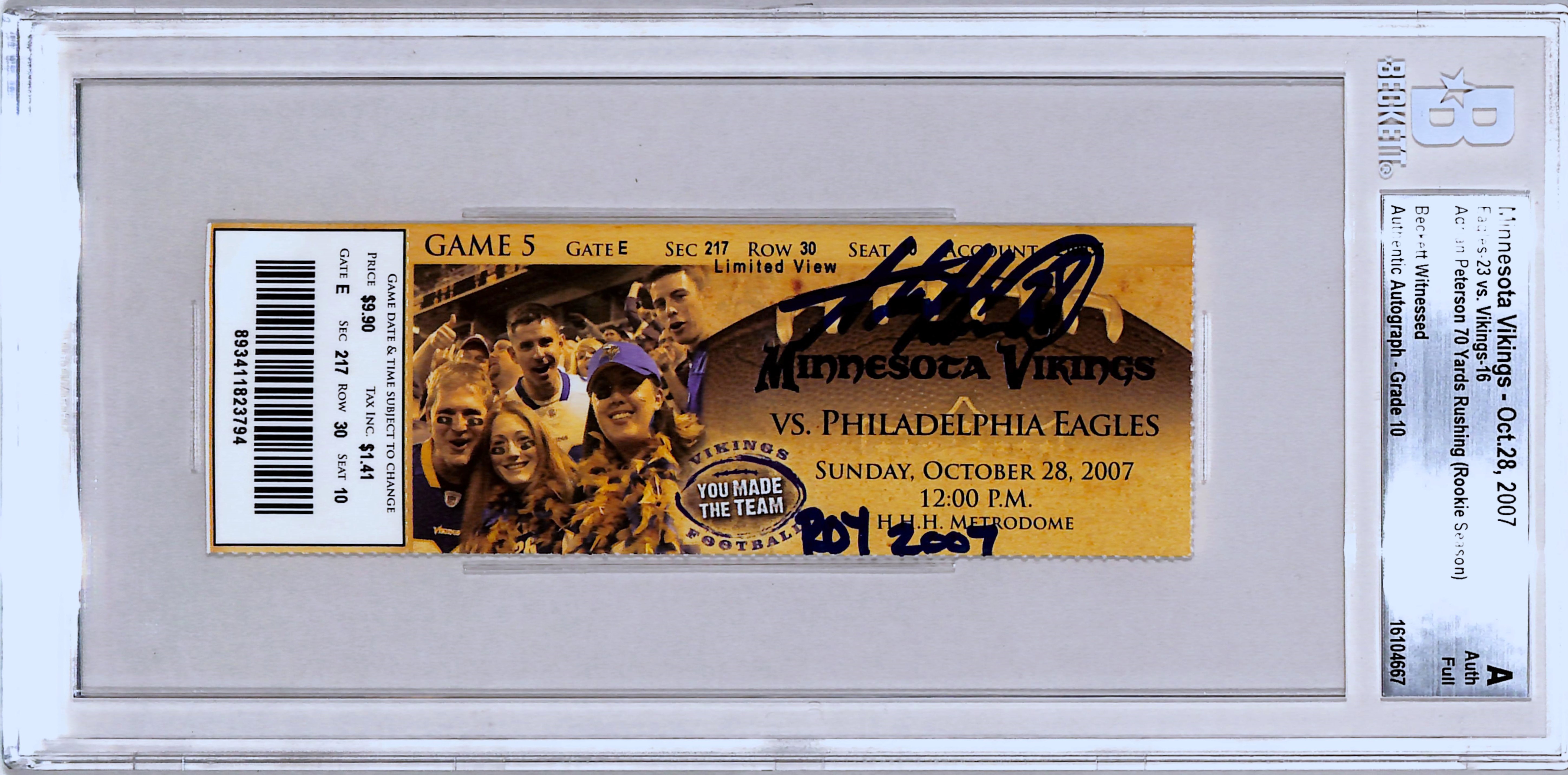 Adrian Peterson Signed Minnesota Vikings Ticket 10/28/07 ROY Becket Slab 