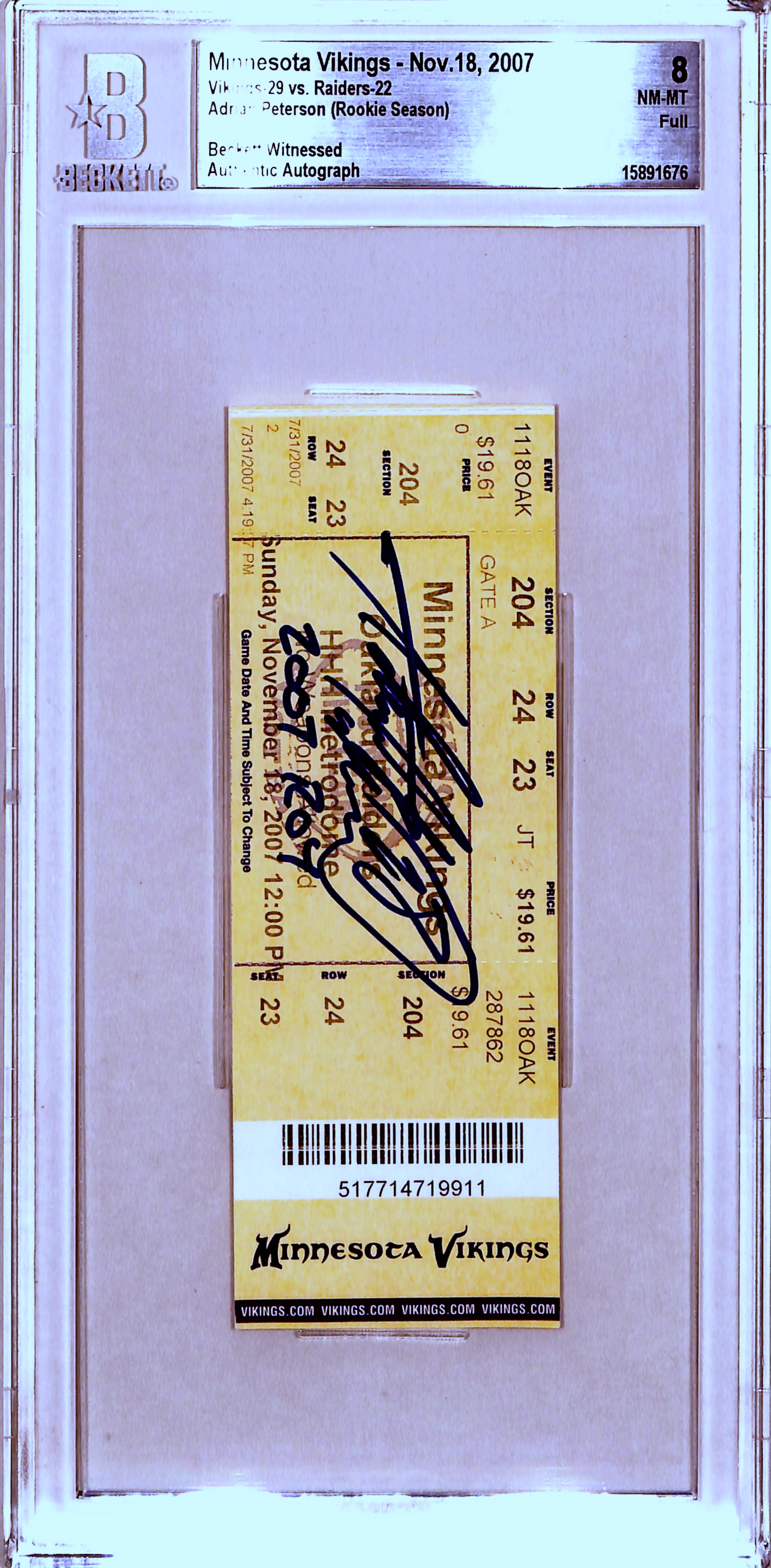 Adrian Peterson Signed Minnesota Vikings 11/18/07 '07 ROY Slab Ticket BAS 