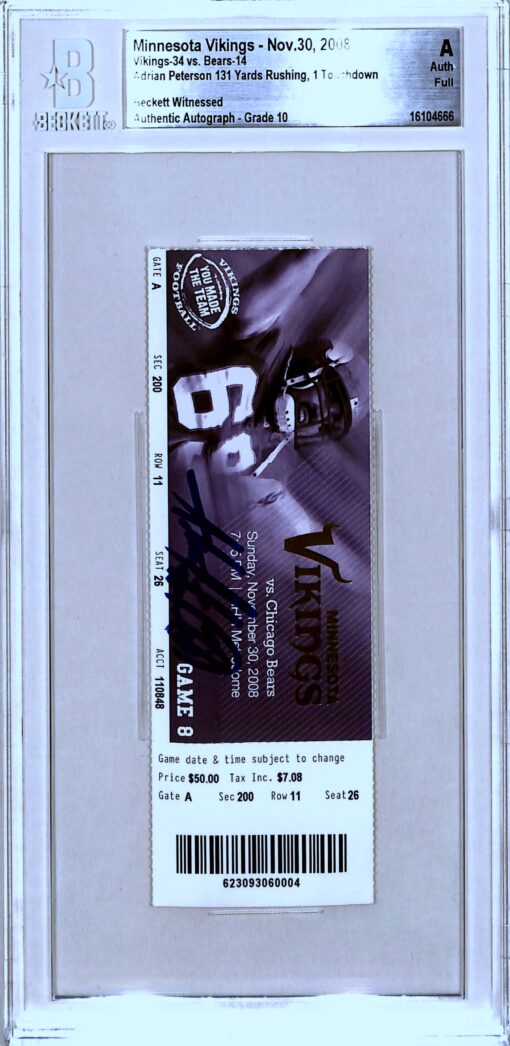 Adrian Peterson Signed Minnesota Vikings Ticket Stub 11/30/08 Becket Slab