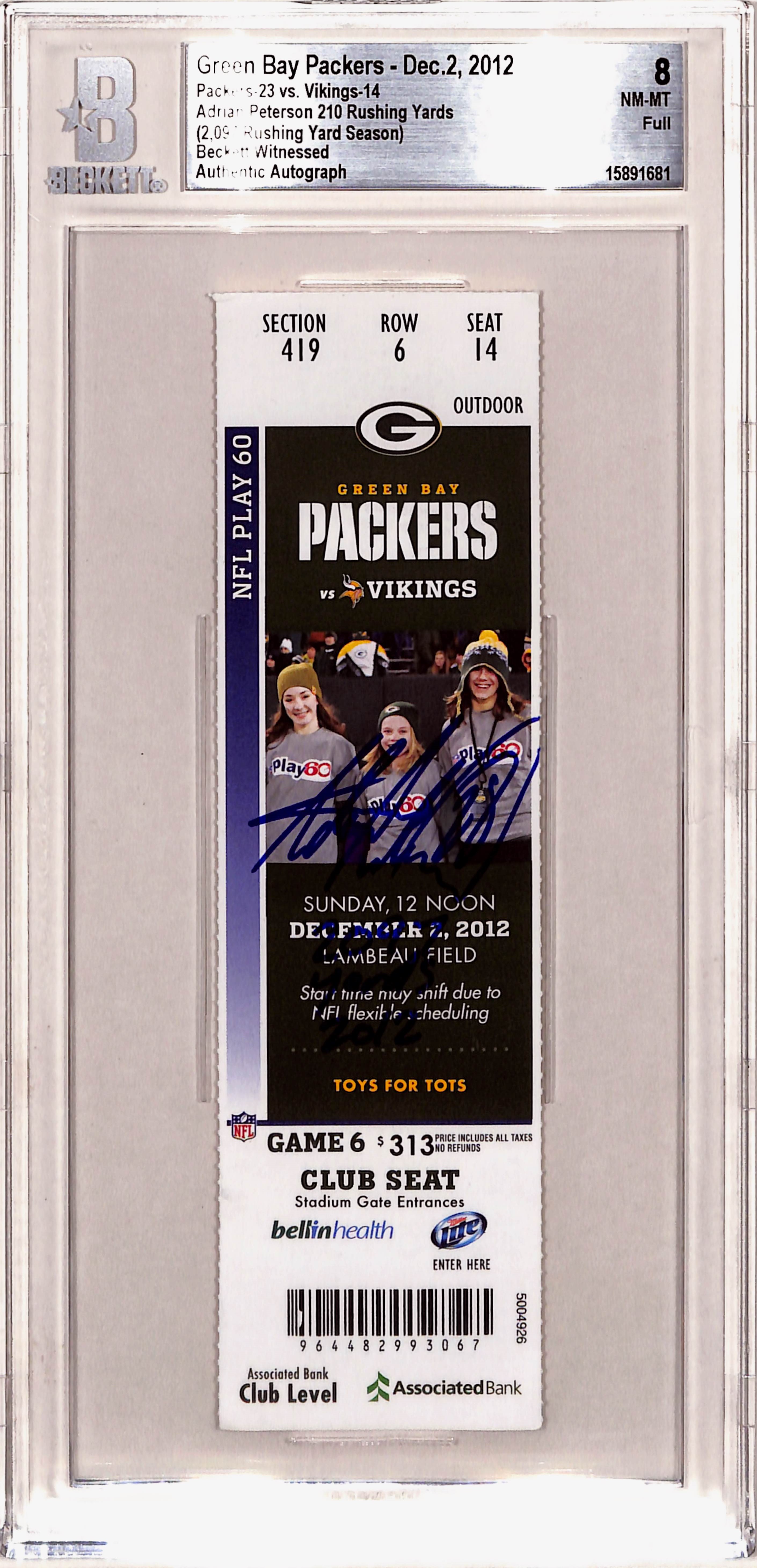 Adrian Peterson Signed Minnesota Vikings 12/2/12 2097 Yds Slab Ticket BAS 
