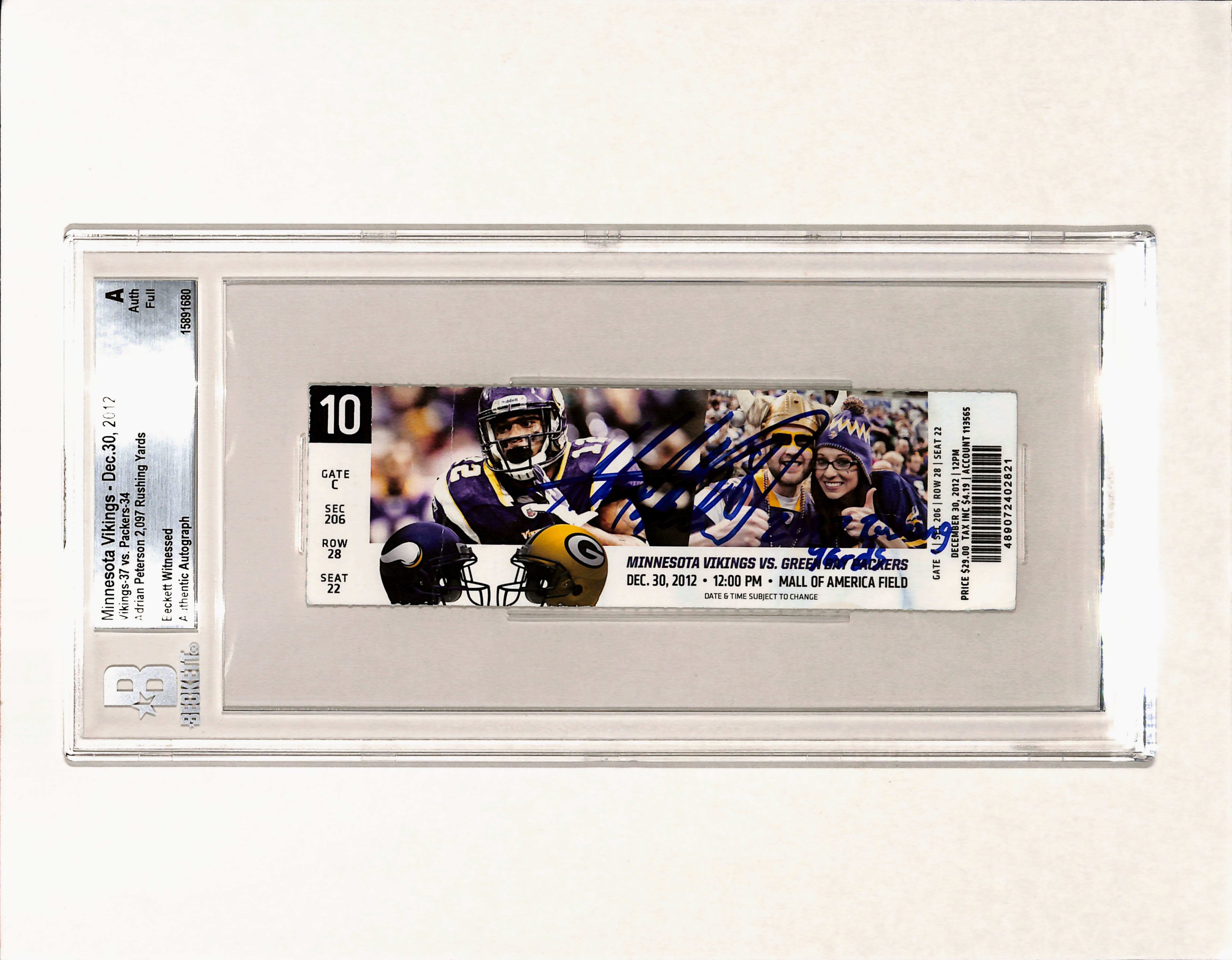 Adrian Peterson Signed Vikings 12/30/12 2097 Yds Slab Ticket Beckett 