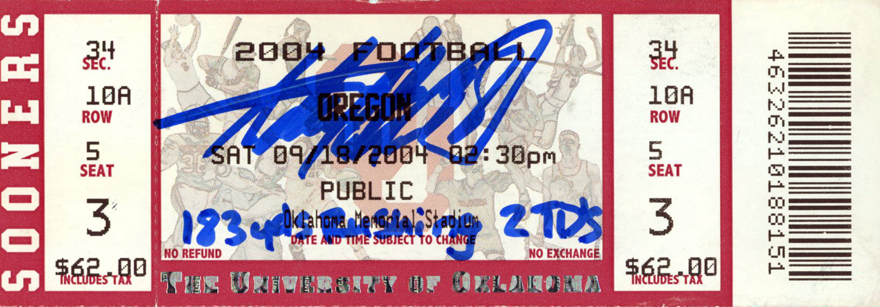 Adrian Peterson Signed Oklahoma Sooners 9/18/04 Ticket Stub Beckett