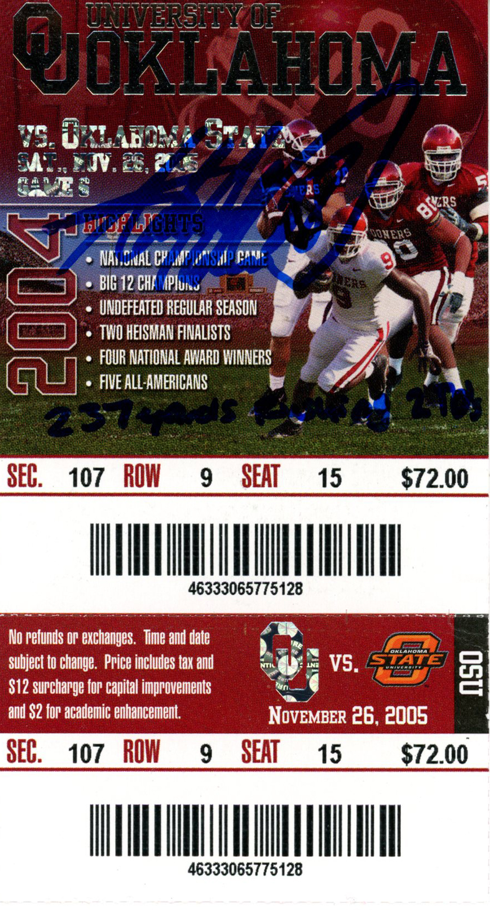 Adrian Peterson Signed Oklahoma Sooners 11/26/05 Ticket Stub Beckett