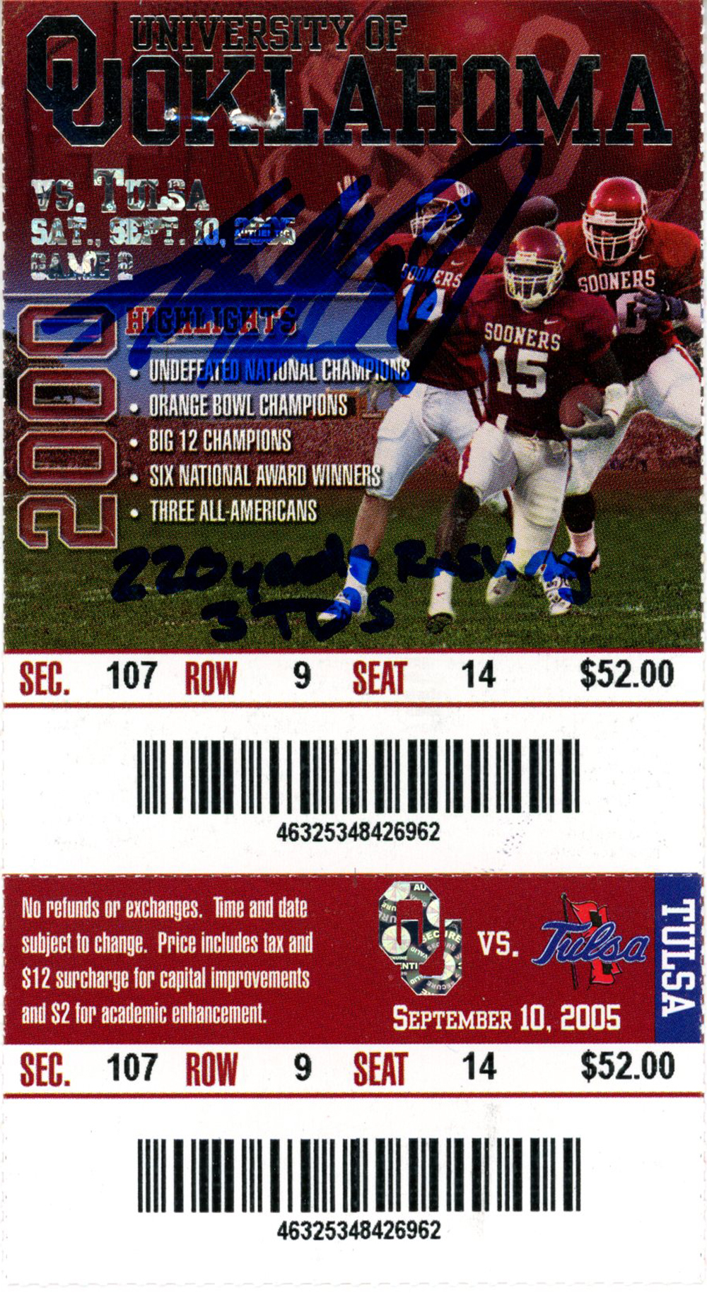 Adrian Peterson Signed Oklahoma Sooners 9/10/05 Ticket Stub Beckett